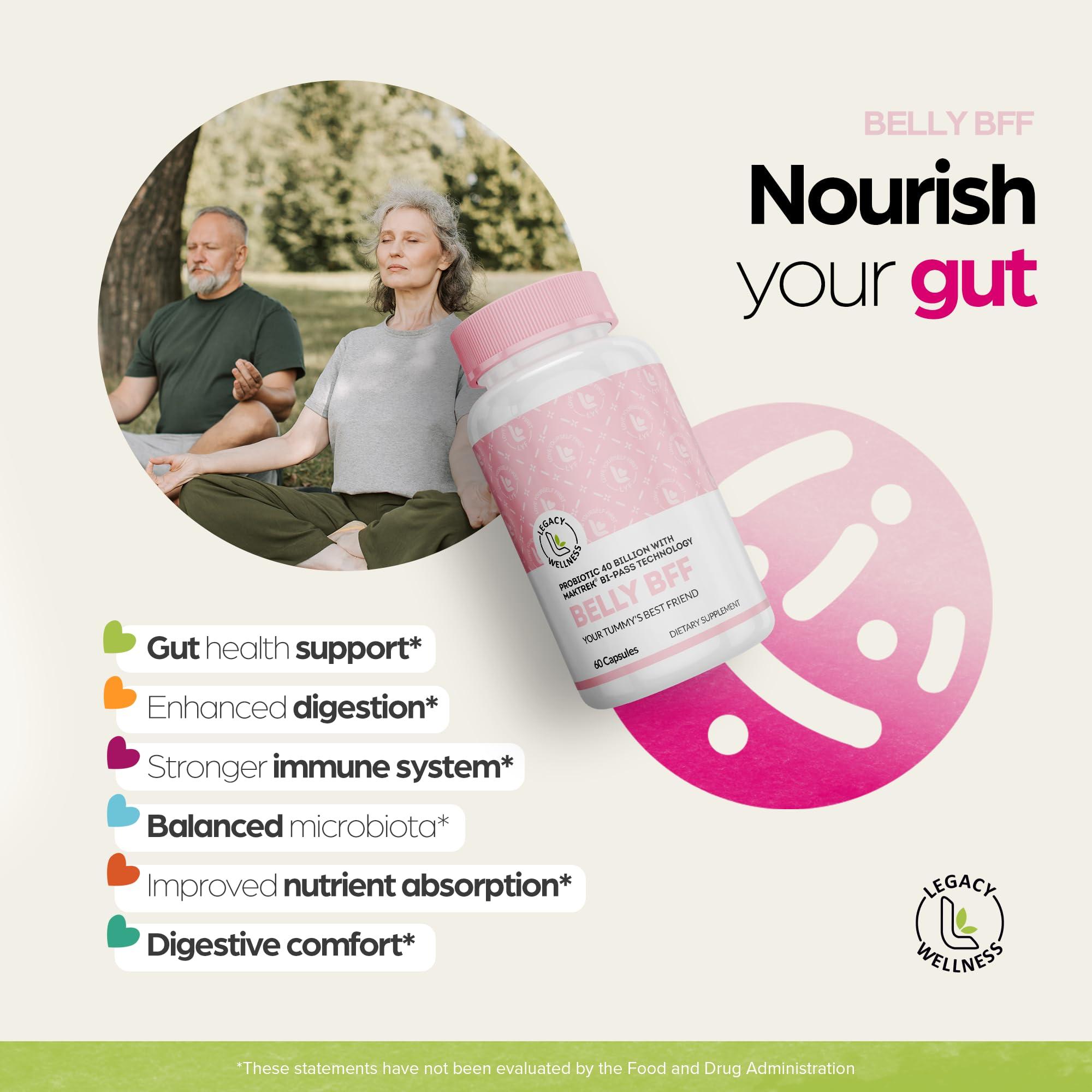 LegacyNutra BELLY BFF Probiotic Supplement - 40 Billion CFU Daily Gut Health Complex Support - Astragalus & Lactobacillus Acidophilus Digestive Health Probiotics for Women & Men - 60 Vegan Shelf Stable Capsules