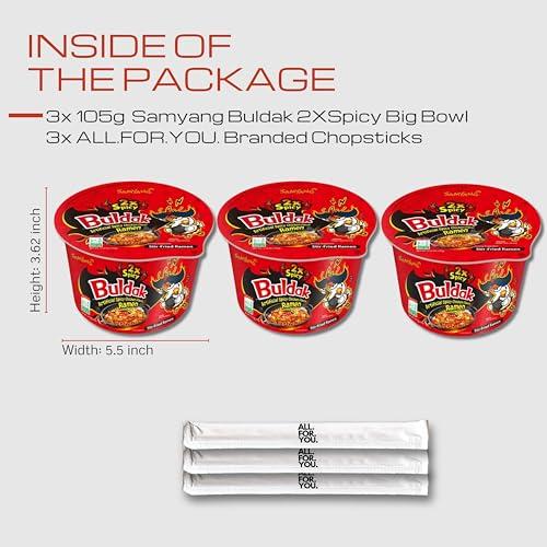 ALL.FOR.YOU. Buldak Ramen Noodles - 2X Spicy Flavor - Big Bowl 3 Pack - Spicy Ramen Noodles Samyang Buldak Ramen Korean Spicy Hot Chicken Stir-Fried Noodles Big Bowl Bundle with 3 ALL.FOR.YOU. Branded Chopsticks