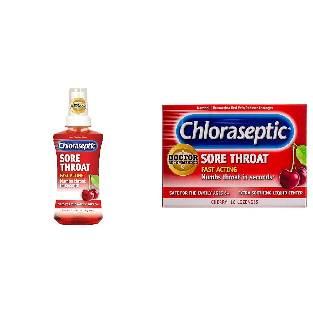 Chloraseptic Chloraseptic Sore Throat Spray, Cherry, 6 fl oz, 1 Bottle Sore Throat Lozenges, Cherry 18 Count