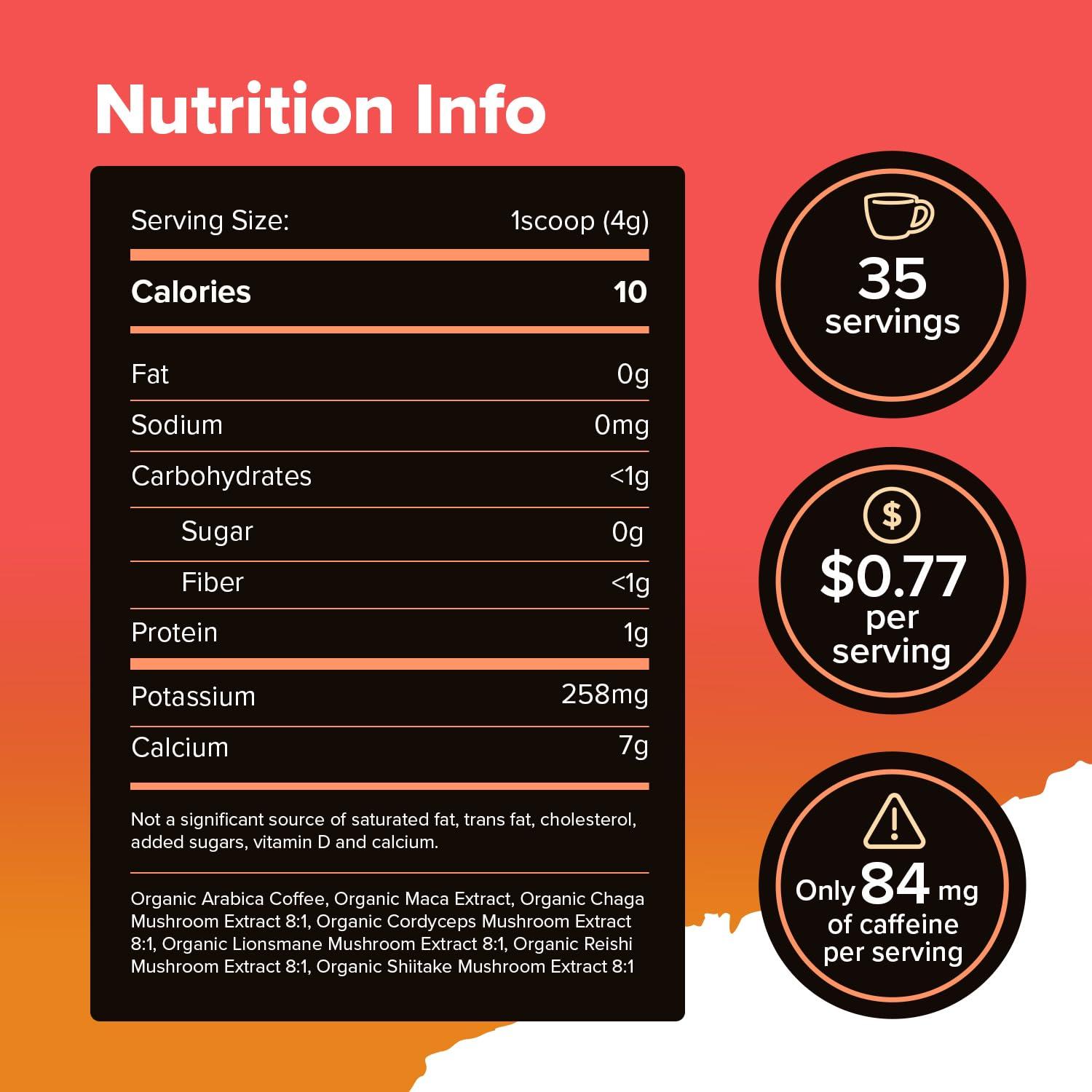 Joybru Mushroom Coffee with Maca Root (35 Servings) - Ultra Concentrated 8:1 Mushroom Blend (Lions Mane, Chaga, Reishi, Cordyceps & Shiitake) with Gourmet Instant Coffee Arabica - Immune Boosting Coffee