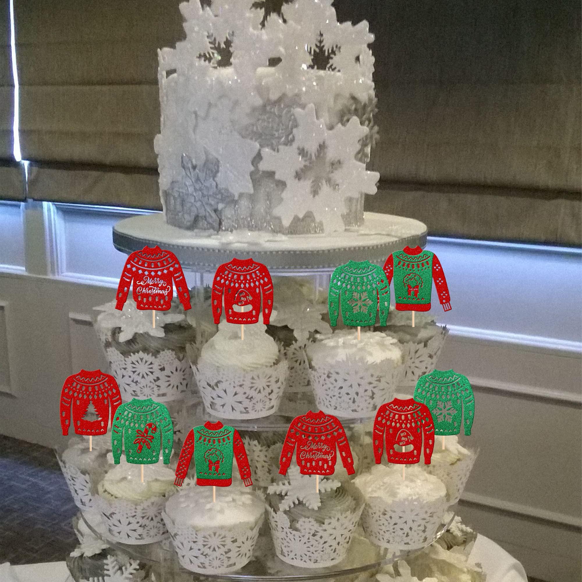 ZHUOWEISM 36 PCS Christmas Ugly Sweater Cupcake Toppers Green Red Glitter Santa Claus Gifts Christmas Tree Deer Snowflake Cupcake Picks for Merry Christmas Theme Holiday Party Cake Decorations Supplies