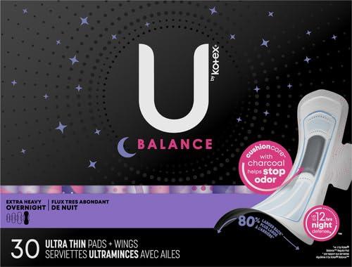 U by Kotex U by Kotex Balance Ultra Thin Overnight Pads with Wings, Extra Heavy Absorbency, 30 Count (Pack of 2)
