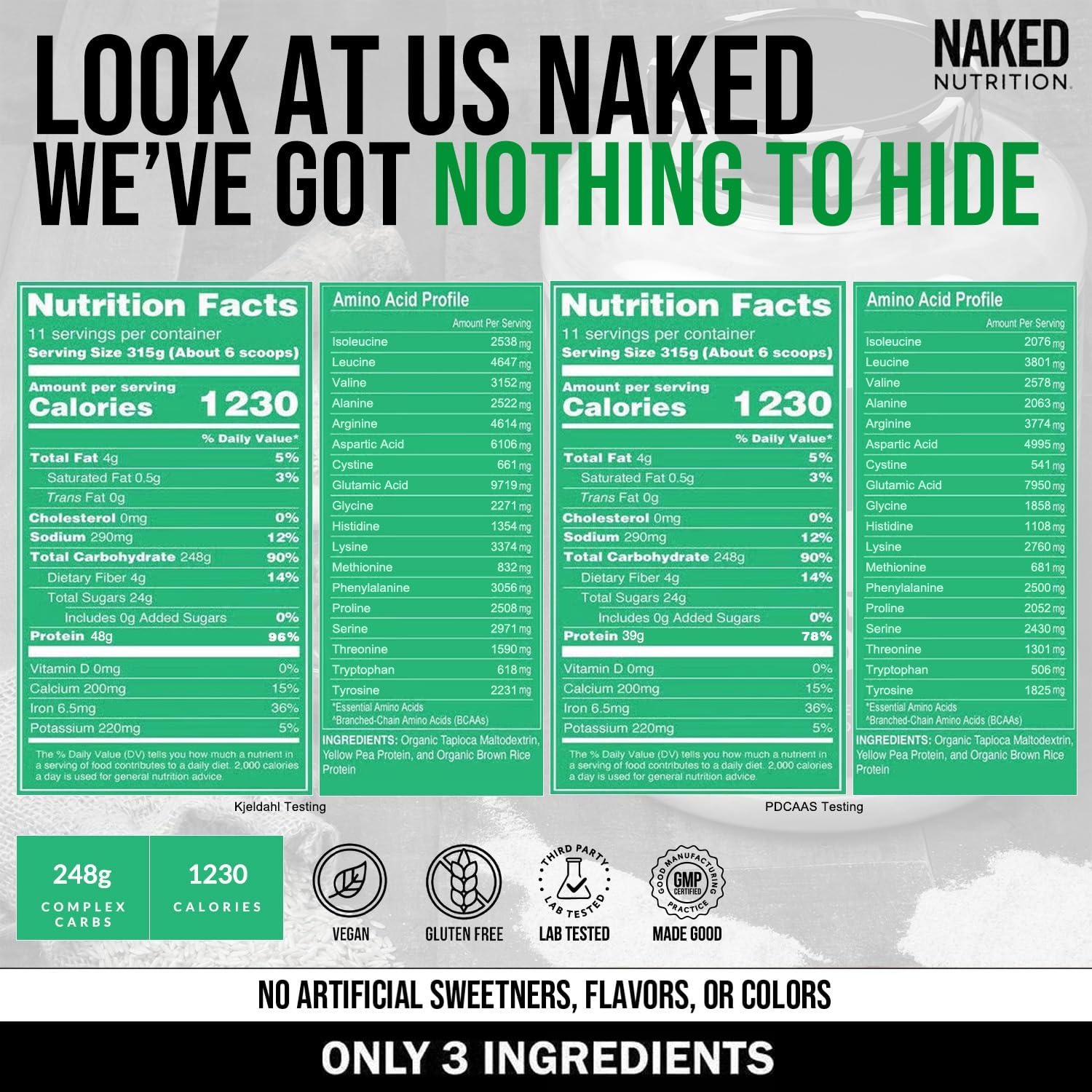 NAKED nutrition NAKED Vegan Mass - Natural Vegan Weight Gainer Protein Powder - 8Lb Bulk, GMO Free, Gluten Free, Soy Free & Dairy Free. No Artificial Ingredients - 1,230 Calories - 11 Servings