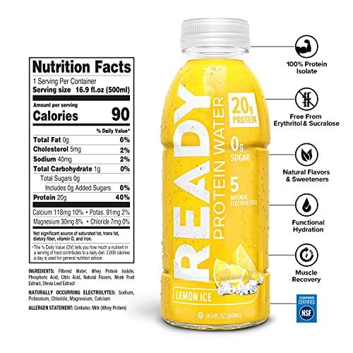 Ready Ready Protein Water, 20g of Whey Protein Isolate, Sugar Free, Lemon Ice, 12-Pack, 16.9 Fluid Ounces Each