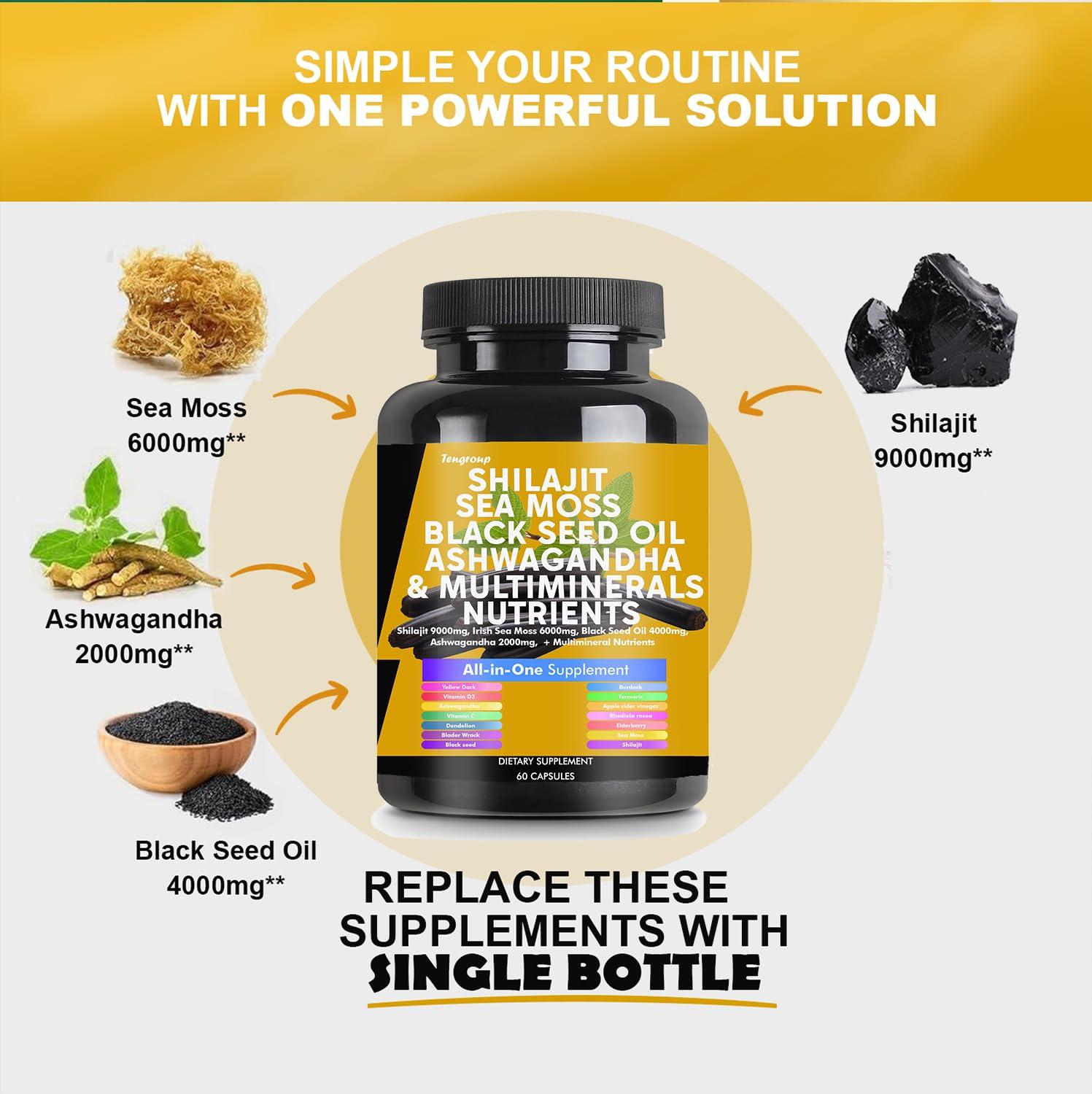 Tengroup Shilajit 9000mg Sea Moss 6000mg Black Seed Oil 4000mg Ashwagandha 2000mg Burdock 1000mg & Vitamin C & D3 with Elderberry rhodiola rosea Dandelion Yellow Dock Turmeric ACV