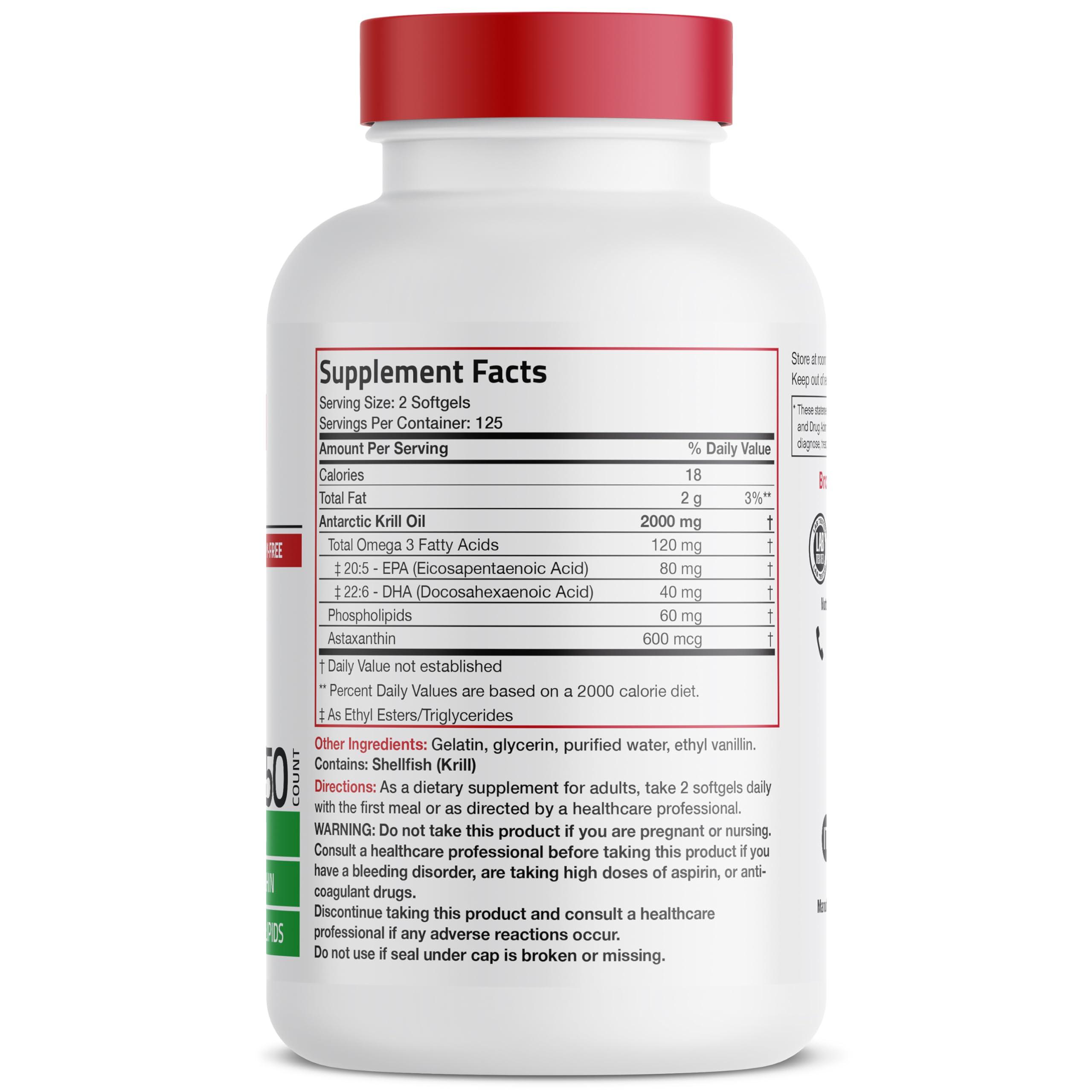 Bronson Bronson Antarctic Krill Oil 2000 mg with Omega-3s EPA, DHA, Astaxanthin and Phospholipids, 250 Softgels (125 Servings)