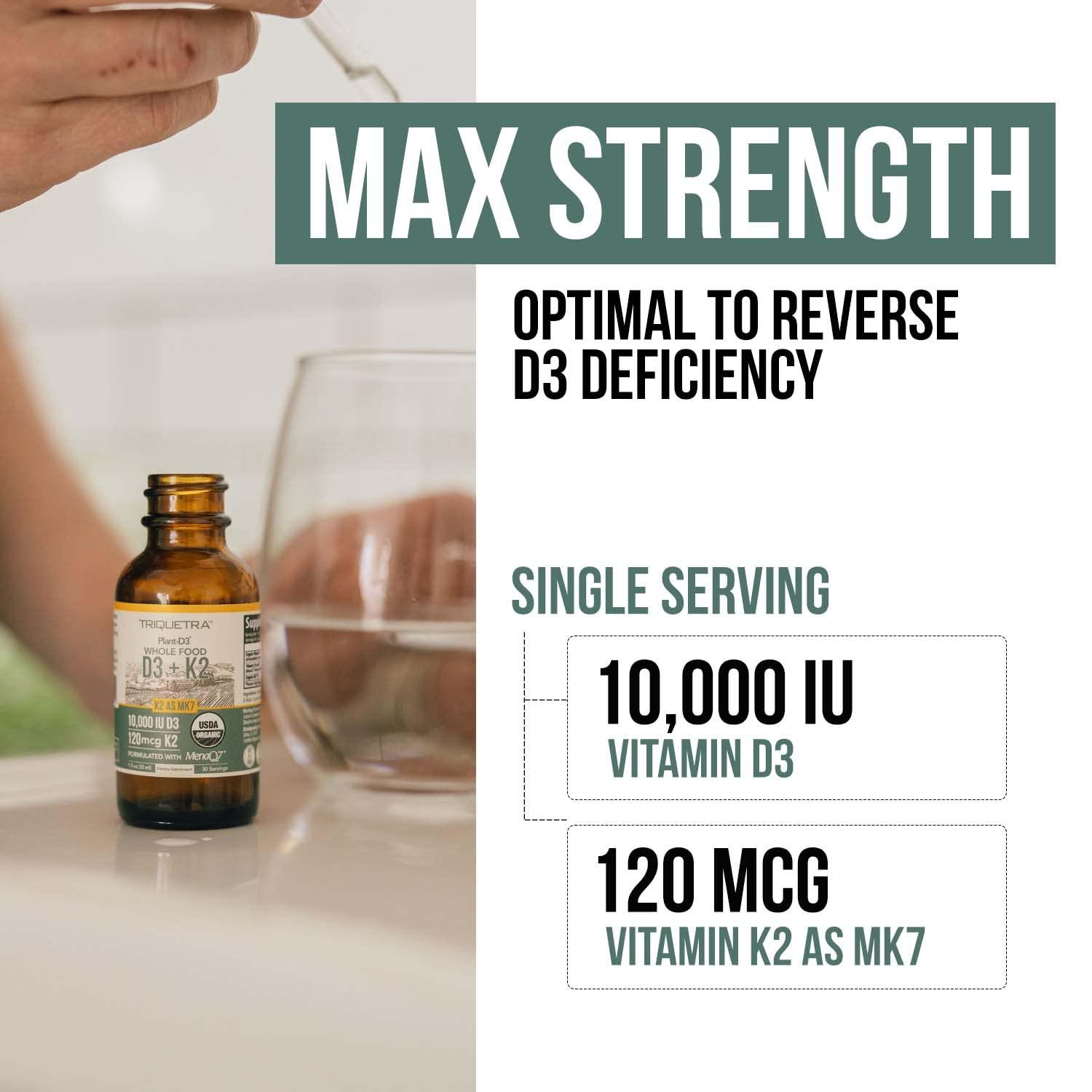 Triquetra Health Organic Plant D3 + K2 - 10,000 iu D3 - All-Trans MK7 from MenaQ7 (120 mcg K2) - 100% Organic & Plant-Based Sublingual D3 Drops (Cholecalciferol), 100% Vegan - Supports Immunity, Bone, Mood & Brain
