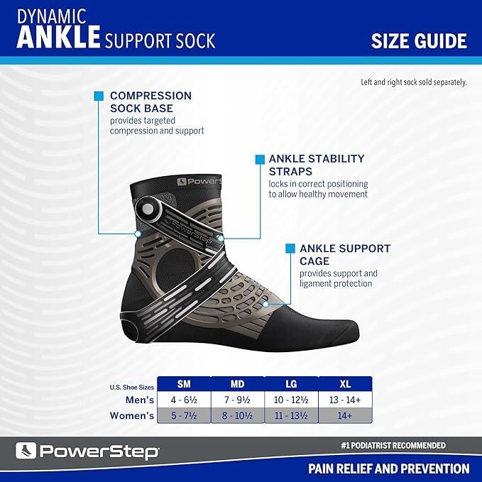 Powerstep Powerstep Unisex\'s Dynamic Stability, Ankle Brace and Compression Sock, for Flexibility, Support and Injury Prevention, Black, Left Large