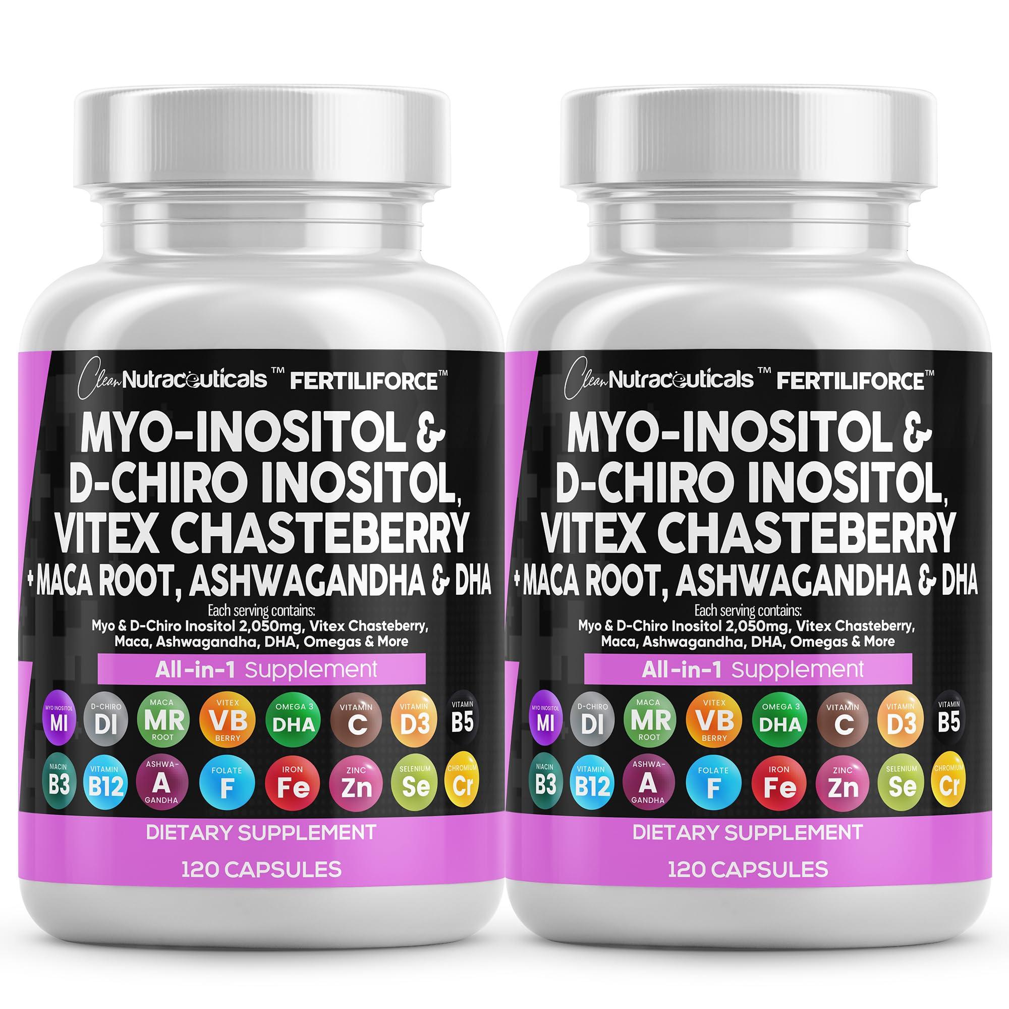 Clean Nutraceuticals Myo-Inositol & D-Chiro Inositol 2050mg Fertility Supplement 40:1 Ratio - Prenatal Vitamins for Women with Ashwagandha Maca Root Vitex Chasteberry Iron DHA Folic Acid DIM Zinc - 2Pack