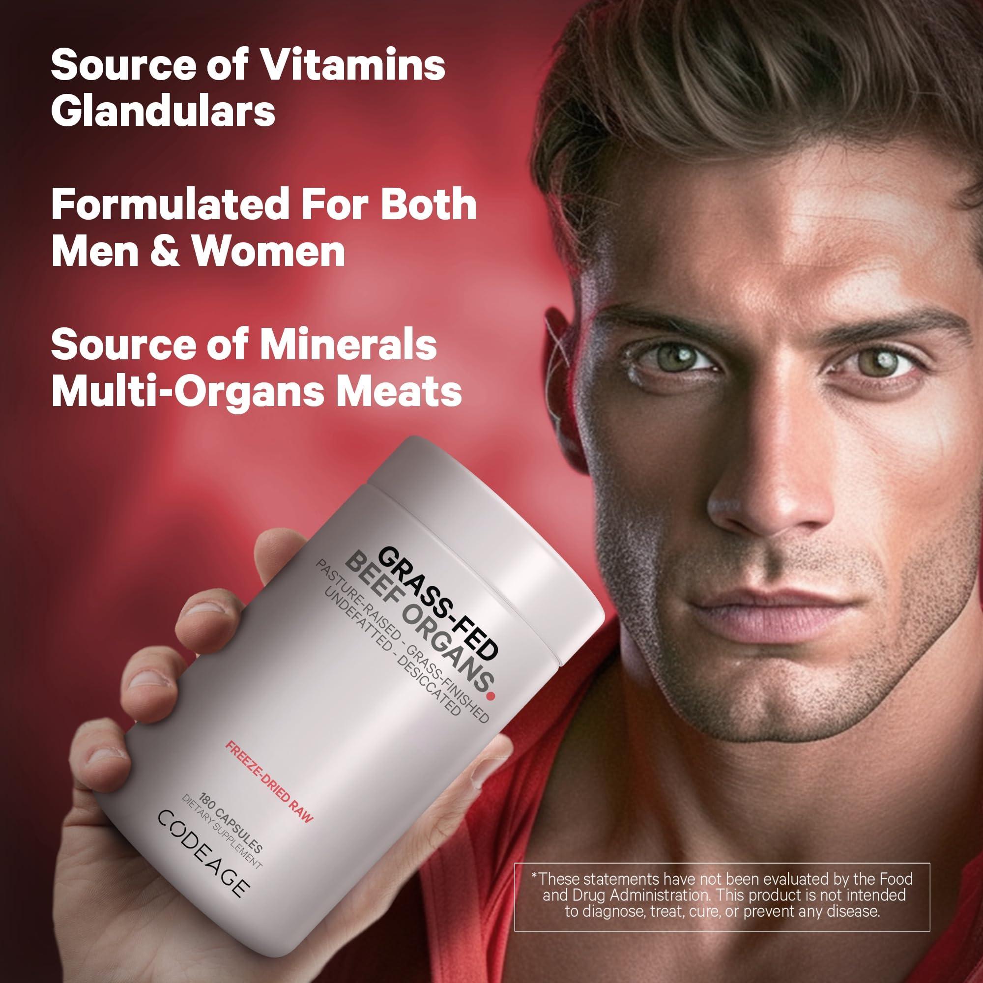 Codeage Codeage Grass Fed Beef Organs Supplement Glandulars Supplements - Freeze Dried, Non-Defatted, Desiccated Liver, Heart, Kidney, Pancreas & Spleen Bovine Pills Beef Vitamins - Non-GMO -180 Capsules