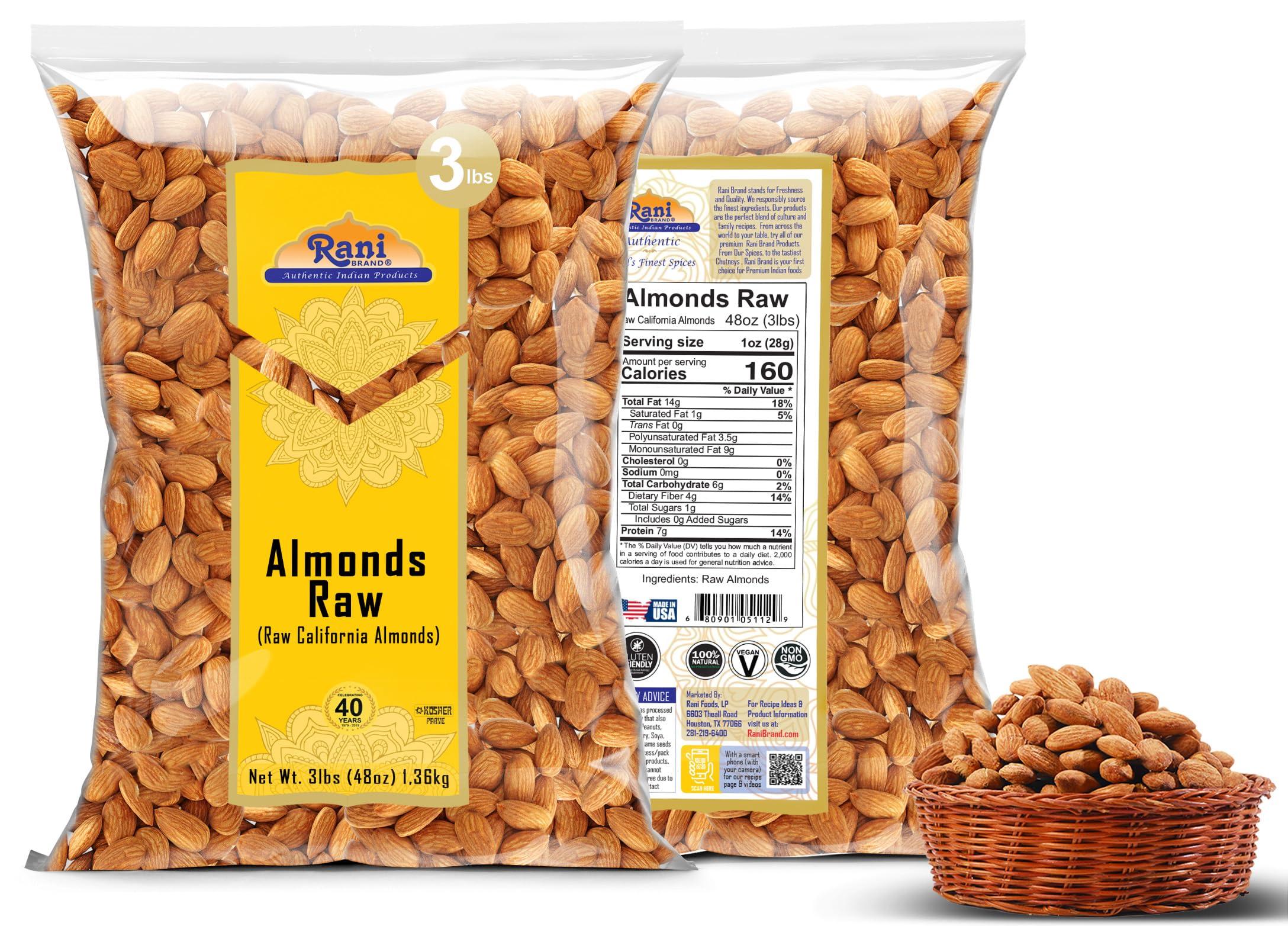 Rani Brand Authentic Indian Products Rani Almonds, Raw Whole With Skin (uncooked, unsalted) 48oz (3lbs) 1.36kg ~ All Natural | Vegan | Kosher | Gluten Friendly | Fresh Product of USA ~ California Shelled Almonds