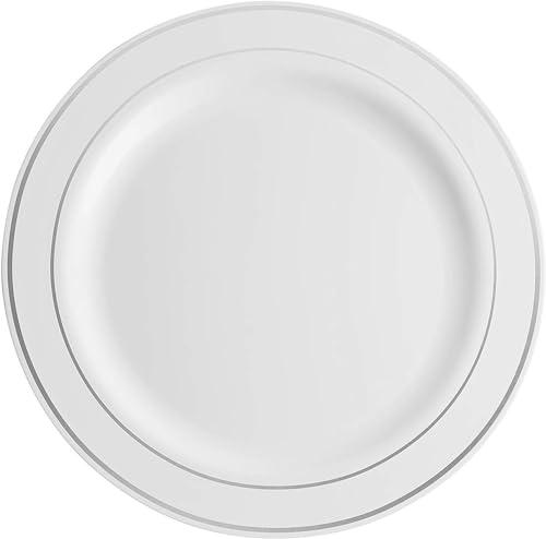Munfix Munfix 100 Silver Plastic Plates Set, 10.25 Inch Plastic Dinner Plates, Fancy Disposable Plates, Heavy Duty Party Plates, Elegant Wedding Plates, White with Silver Rim