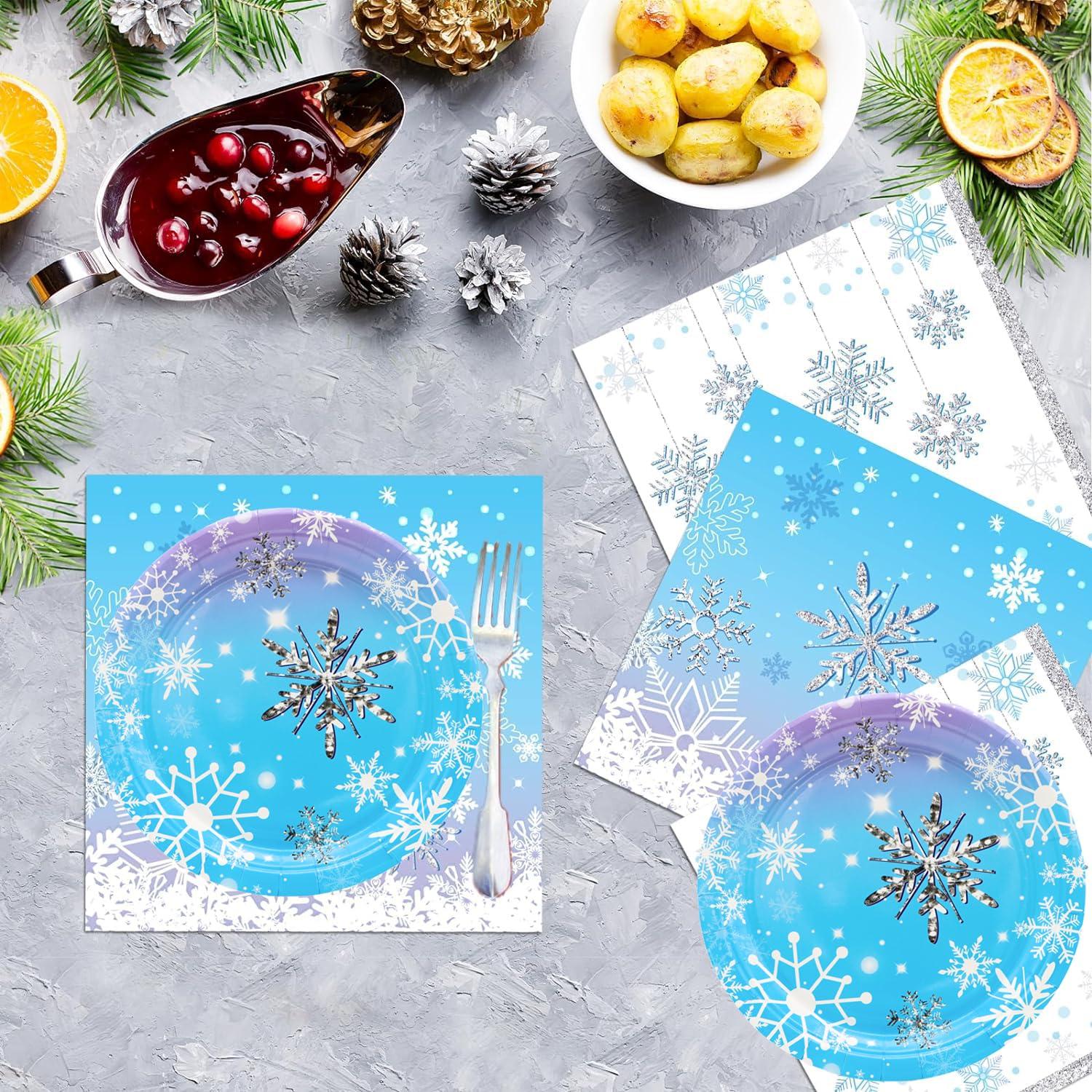 GOGUOGOFA 50Pcs Frozen Snowflake Party Supplies,Snowflake Paper Plates,7\"Snowflake Plates Disposable Chrisstma Plates for Winter Snowflake Theme Wonderland Holiday Xmas Snowflake Birthday Party Decor(Blue)
