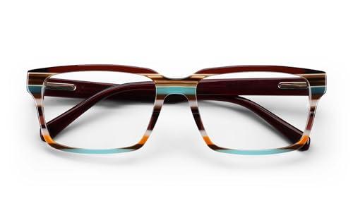 eyebobs eyebobs Wide Eyed | Premium Reading Glasses for Men and Women | Rectangle Frame for Wide Faces | Brown Stripe, 0.00