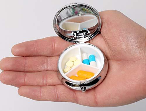FKC DESIGN Pill Box - Portable Round Metal Silver Pills Pill Case, Compact 3 Space. Personalized Customized Pattern Design Pill Boxes, Pill Cases for Pills/Travel/Pocket/Purse. (Cartoon Rabbit and Turtle)