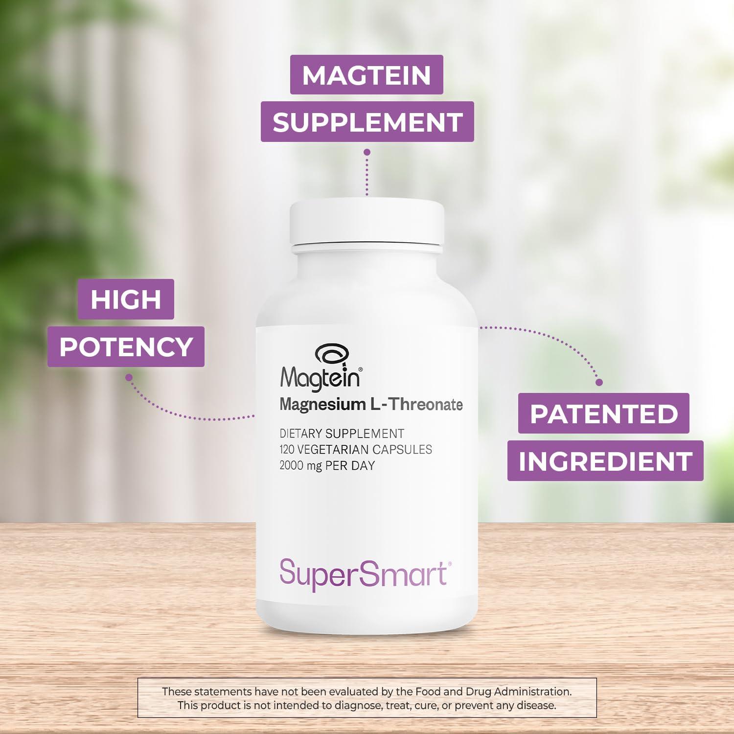 super smart Supersmart - Magnesium L-Threonate 2000mg per Day (Patented Magtein) - Highly Bioavailable Magnesium Threonate - Brain Supplement | Non-GMO & Gluten Free - 120 Vegetarian Capsules
