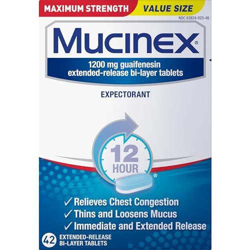 Mucinex Mucinex 12 Hour Maximum Strength 1200 mg Guaifenesin Extended-Release Tablets for Excess Mucus Relief, Expectorant Aids Excess Mucus Removal, Chest Congestion Relief, 42 Tablets