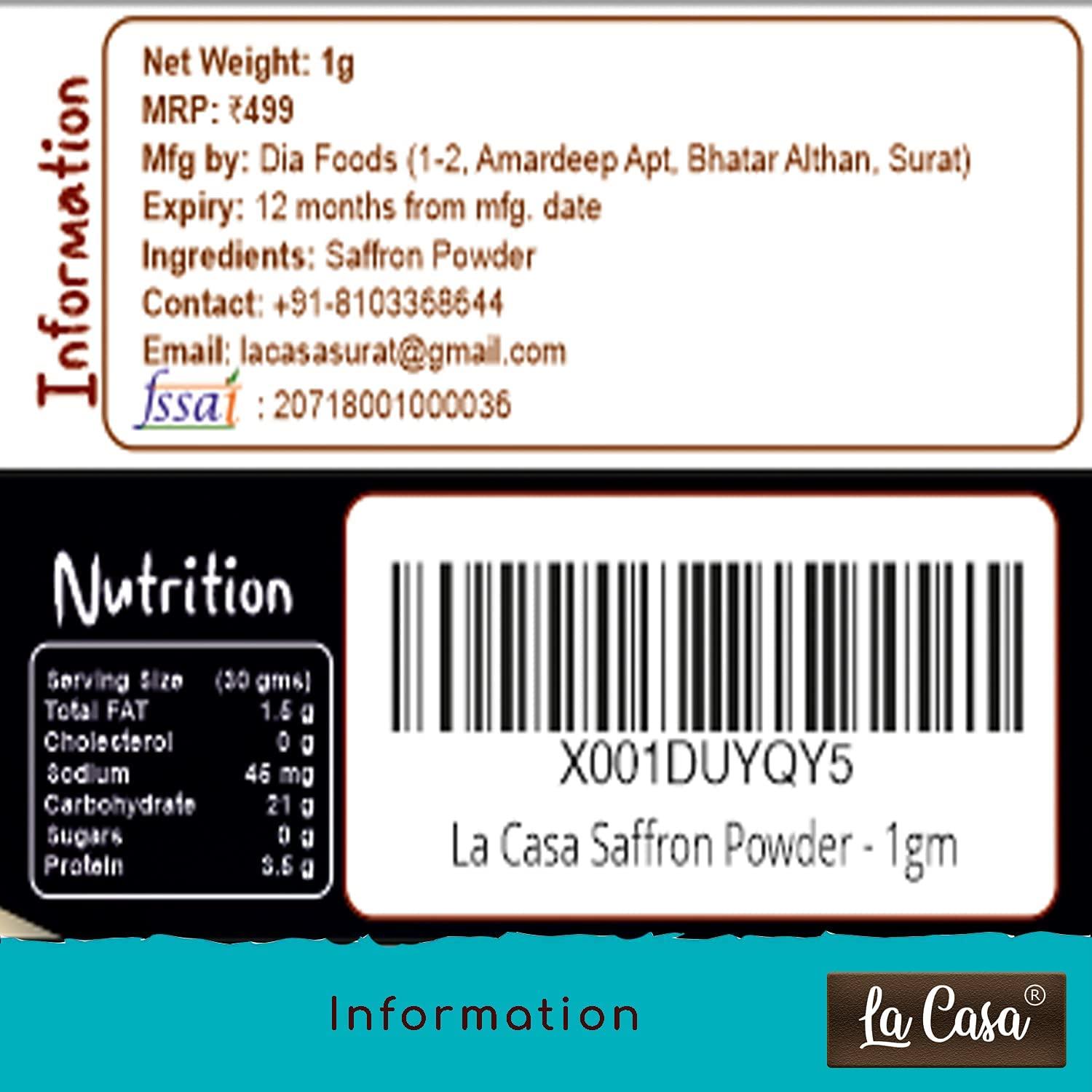 Generic Saffron Powder | Original Kashmiri Kesar Powder | Premium Organic A++ Grade | for Face/Beauty/Food/Colour/Aroma/Tilak | Purest Finest Sundried Natural Saffron | 1gm |