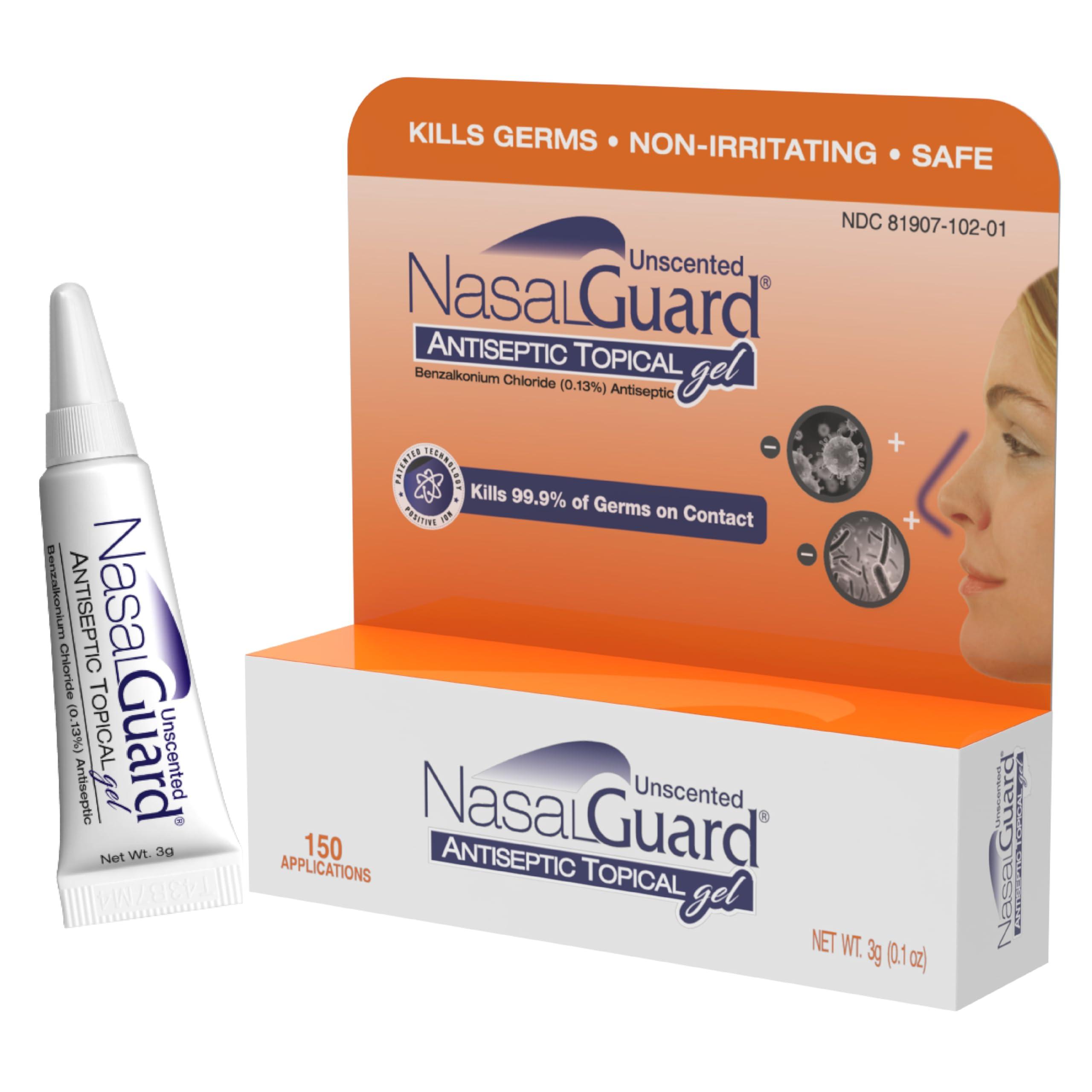 NasalGuard NasalGuard Antiseptic Topical Gel - Kills 99.9% of Germs - Patented Positive Ion Technology, Non-irritating, Safe for Daily use - Over 150 Applications Per Tube, (3 Grams) Unscented