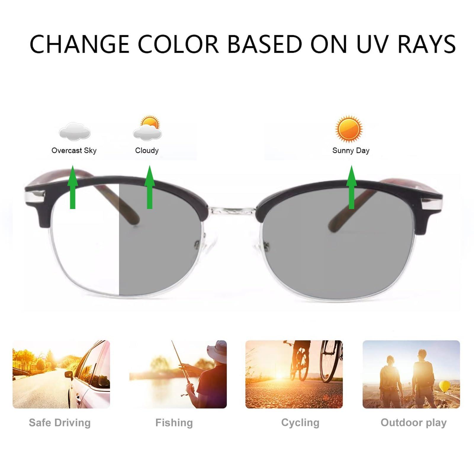 Generic Progressive Multifocal Reading Glasses, Men Photochromic Sunglasses, TR+Metal Frame+Wood Grain Temple (Color : Brown, Size : 2.75 x)