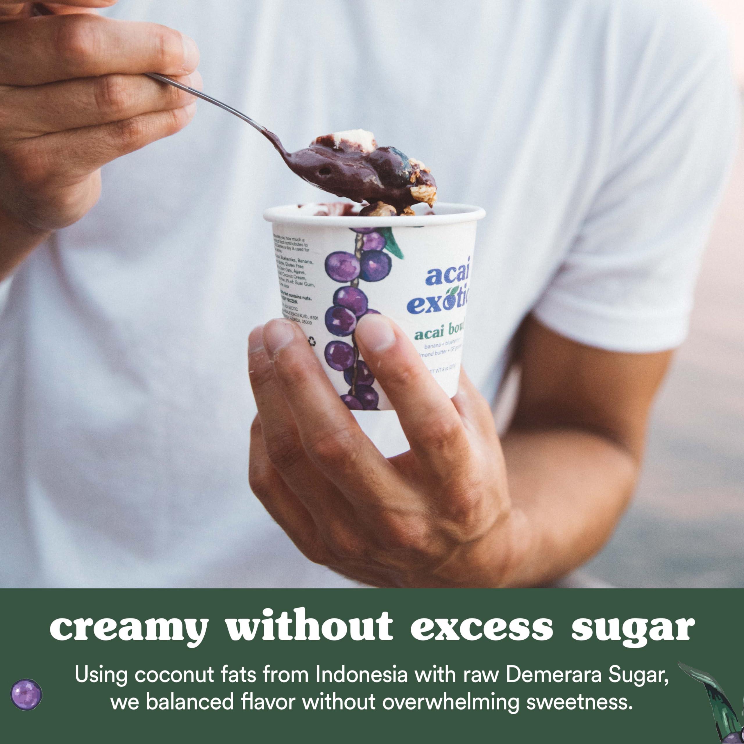 Acai Exotic Acai Bowl - 4 bowl pack - Breakfast or Snack To Go Bowls with Whole Blueberries, Coconut Cream, Whole Grain Oats & Banana Slices, 2 Almond Butter, 2 Hazelnut Cocoa Spread, 8oz RTE acai bowls