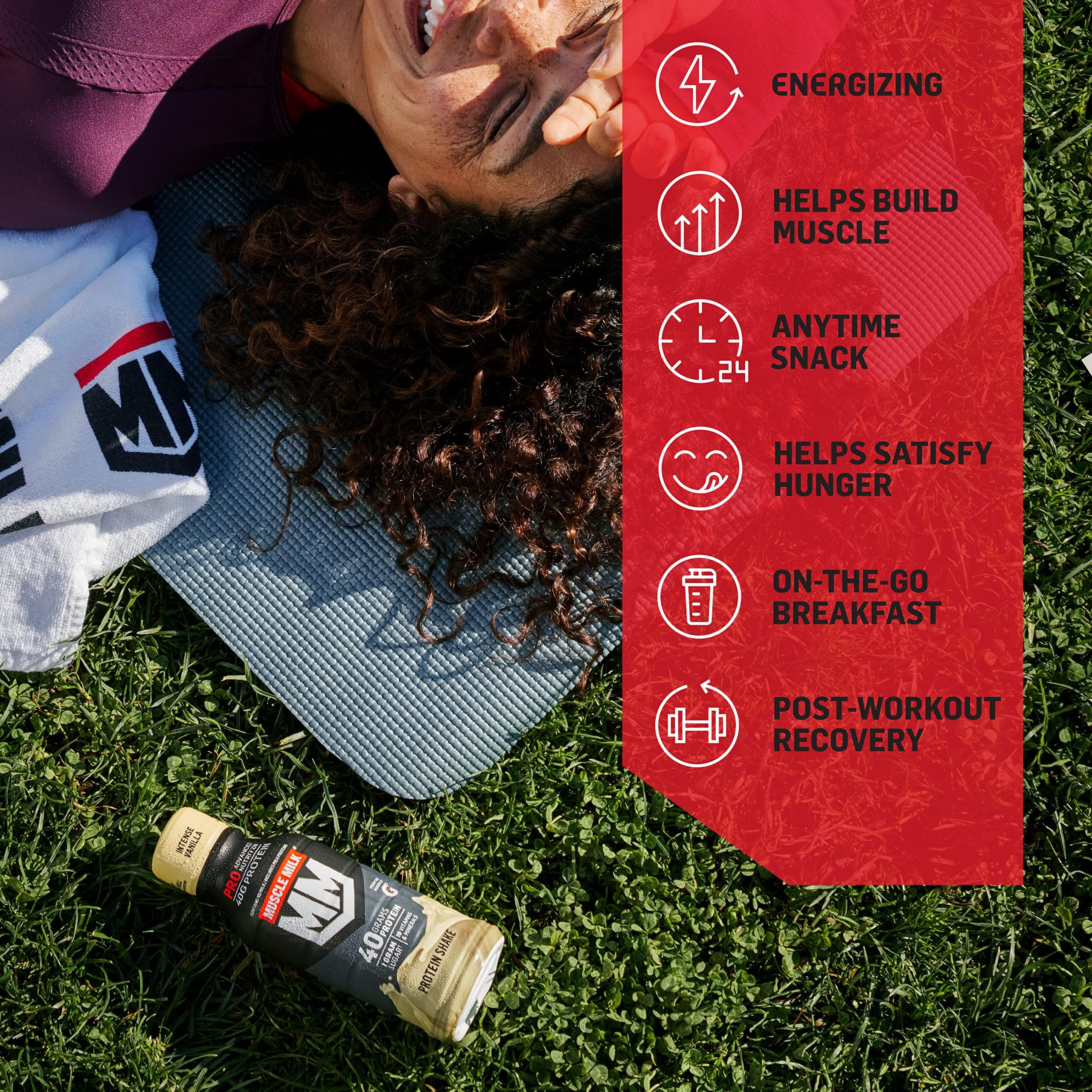 Muscle Milk Muscle Milk Pro Advanced Nutrition Protein Shake, Intense Vanilla, 14 Fl Oz Bottle, 12 Pack, 40g Protein, 1g Sugar, 16 Vitamins & Minerals, 6g Fiber, Workout Recovery, Packaging May Vary