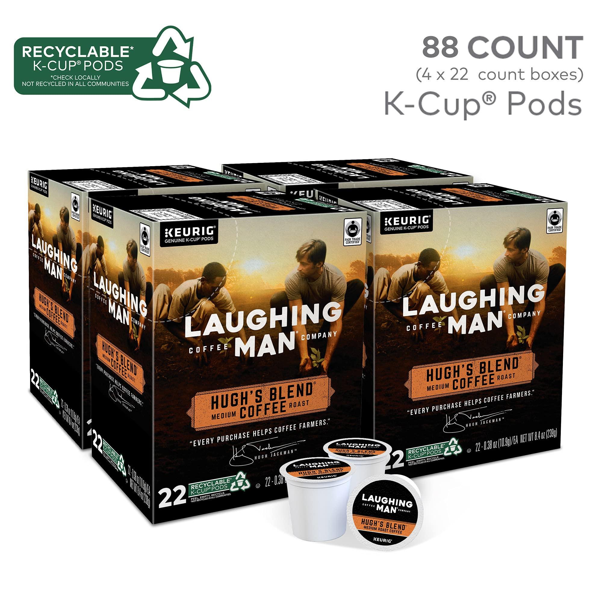 LAUGHING MAN Laughing Man Hughs Blend Keurig Recyclable K-Cup Coffee Pods, Single-Serve Fair Trade Medium Roast Arabica Coffee for use with Keurig Coffee Makers, 88 Count (4 Packs of 22)