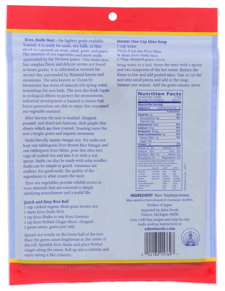 Eden Eden Foods Sushi Nori - Cultivated - Toasted - .6 oz - Case of 6