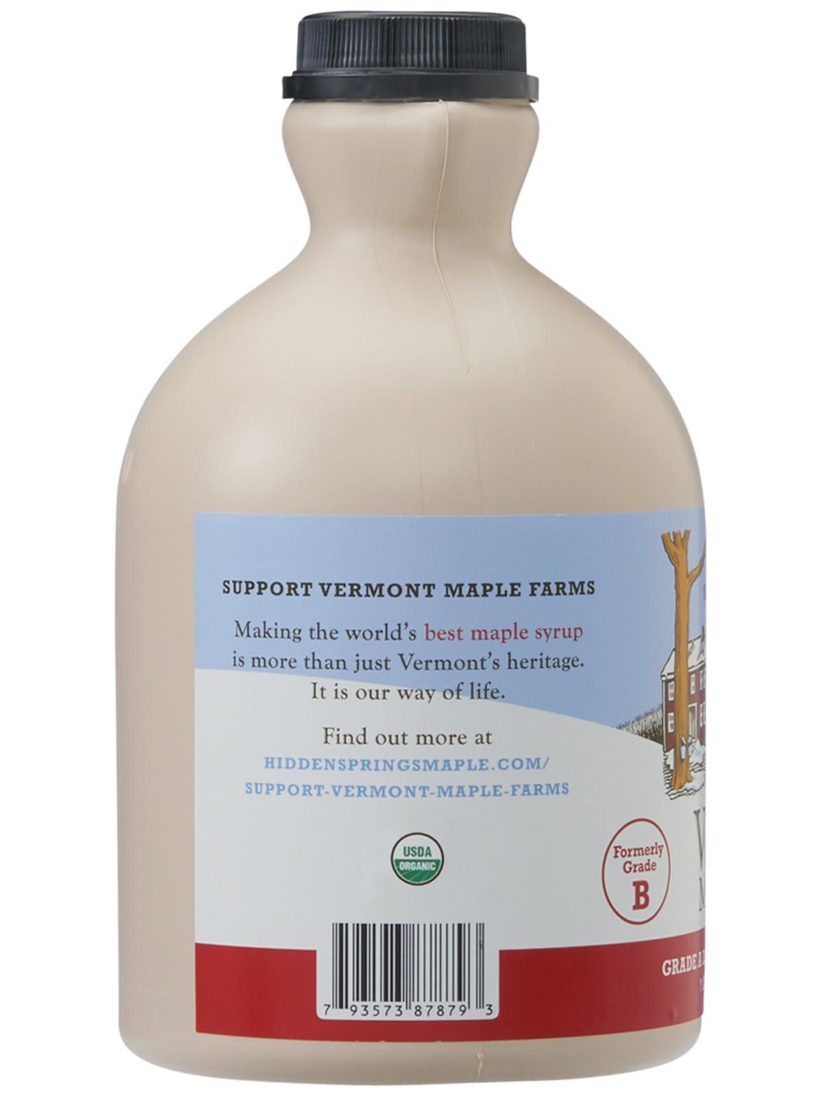 HIDDEN SPRINGS MAPLE Hidden Springs Maple Organic Vermont Maple Syrup, Grade A Dark Robust (Formerly Grade B), 32 Ounce, 1 Quart, Family Farms, BPA-free Jug