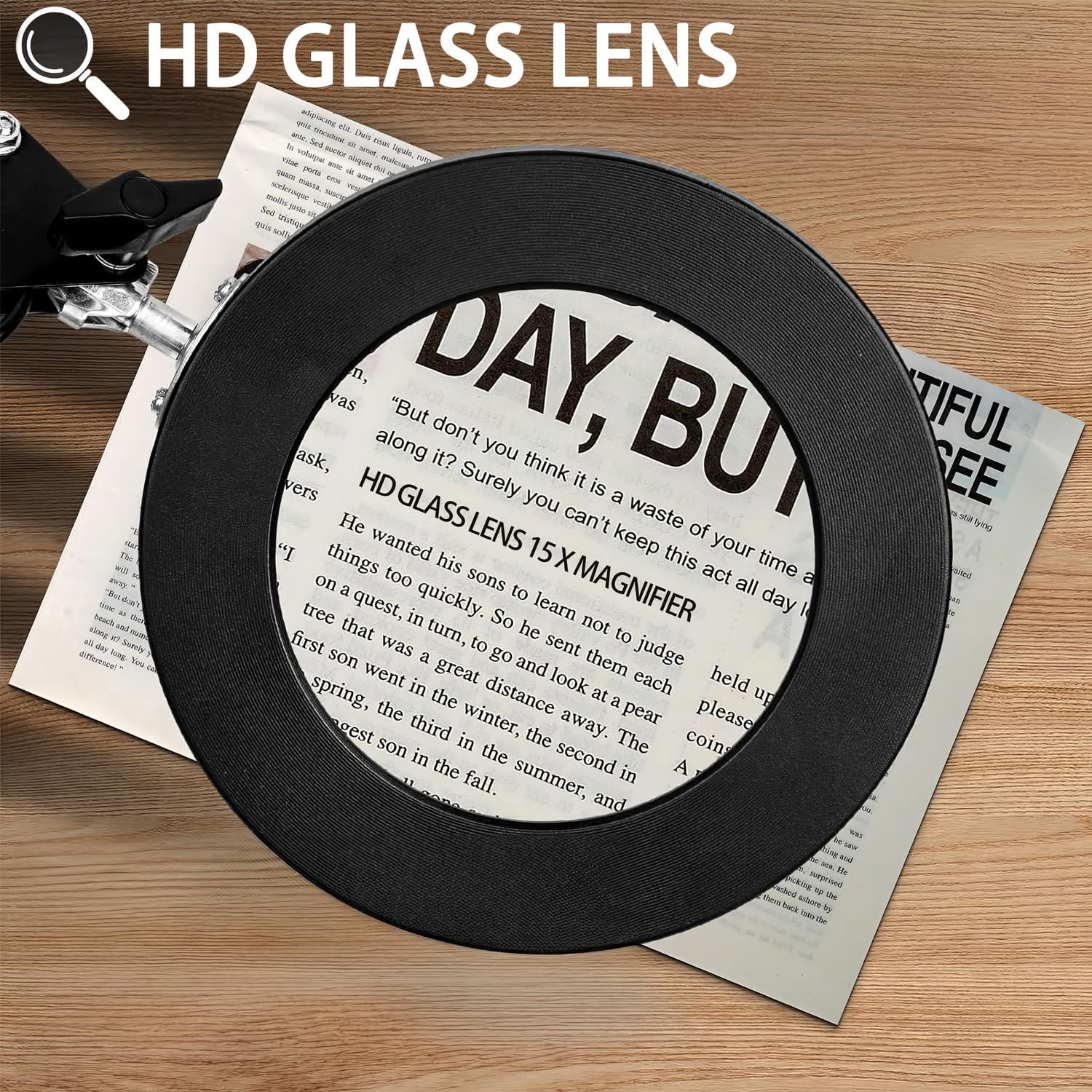 Soobuygoo 15X Magnifying Glass with Light, Table Lamp with Stand and Clamp, 2-in-1 LED Desk Lamp with Magnifier, 3 Color Modes, 72 LEDs, Real Glass Lens for Close Works, Craft, Hobby, Painting, Reading, Repair