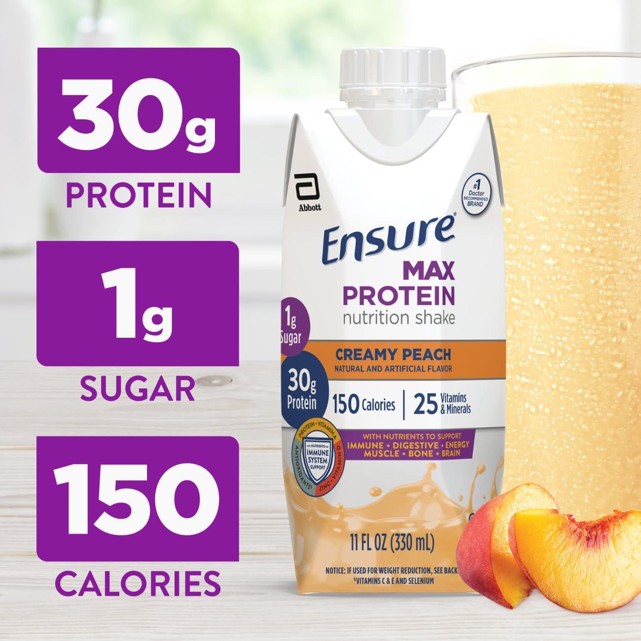 Ensure Ensure Max Protein Creamy Peach Nutrition Shake | 30g Protein, 1g Sugar, 4g Fiber Blend | 4 Pack
