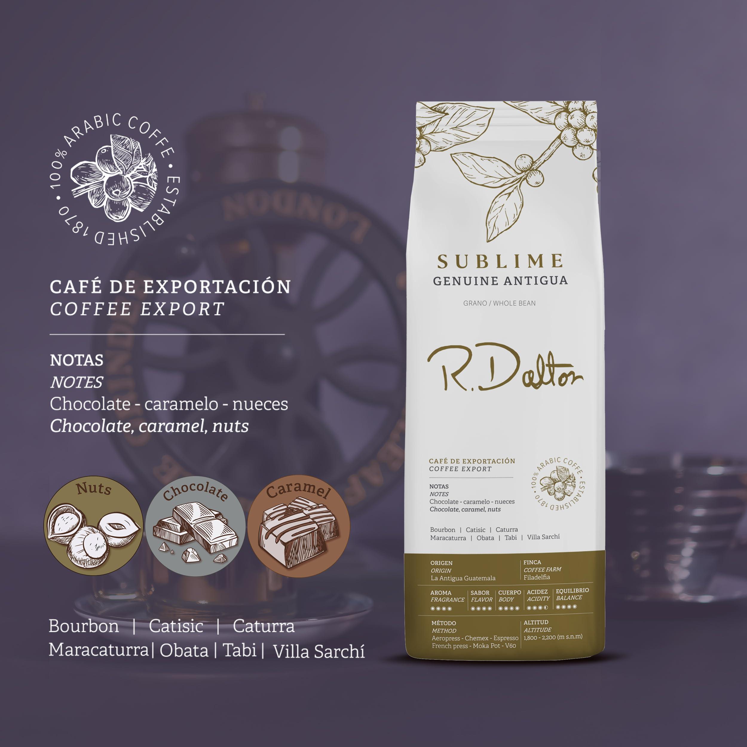 R Dalton R. Dalton Coffee Sublime Genuine Antigua Whole Bean Coffee - Medium Roast - Exotic Chocolaty And Caramel Notes - All Brewing Methods - Premium Quality From Antigua Guatemala 100% Arabica - 12 oz