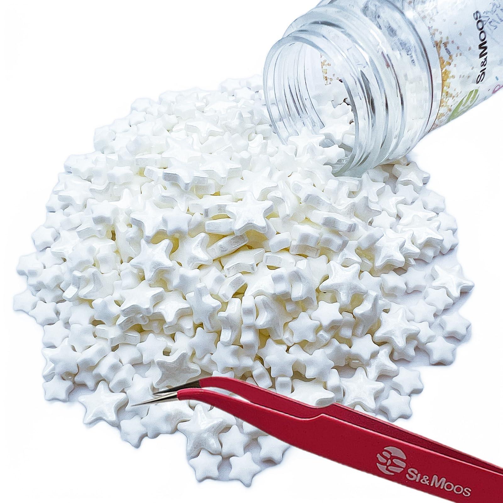 SE SI&MOOS SE Si&Moos White Star Sprinkles Edible White Stars for Cake Decorating Star Icing Decorations Edible Stars Large and Small Christmas Cookie Decorations White Sprinkles for Cake,Cupcakes 3 OZ with Tweezers