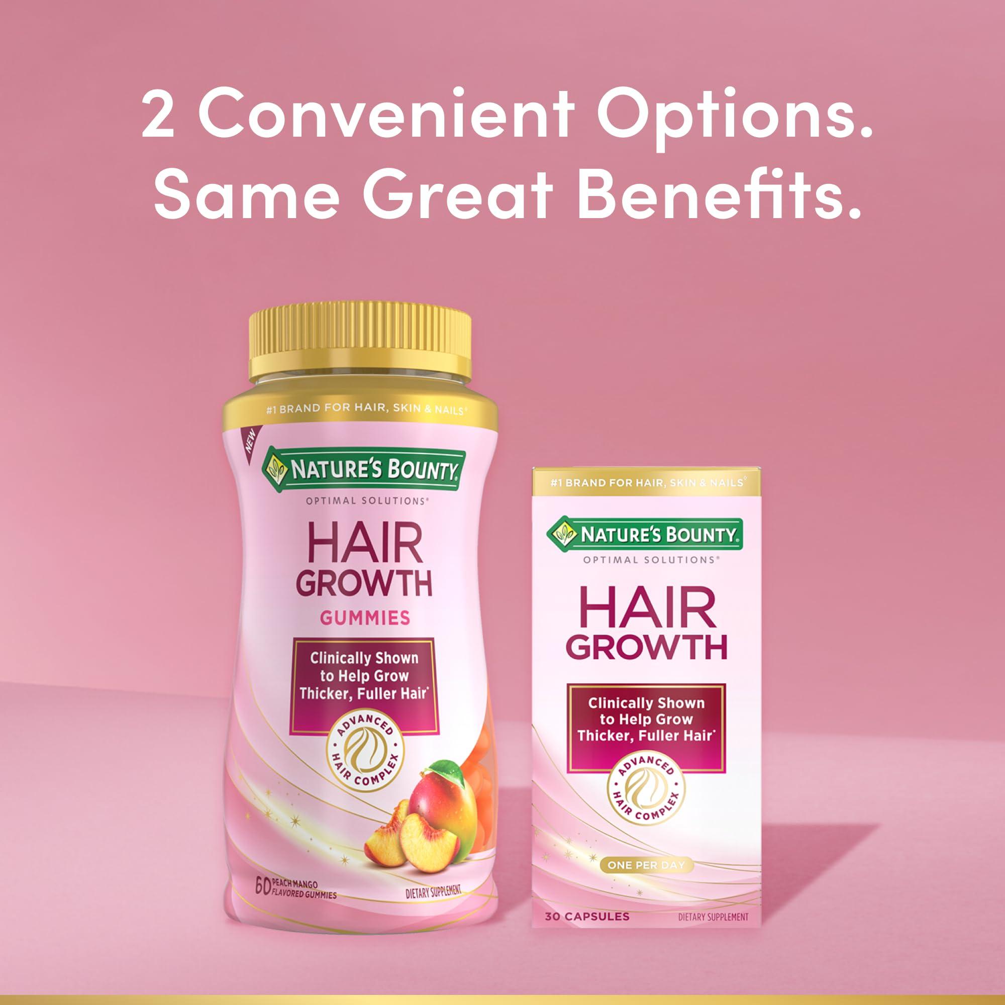 Nature\'s Bounty Natures Bounty Hair Growth Gummies for Supporting Thicker, Fuller Hair with Biotin, Silicon & Arginine, Peach Mango Flavor Gluten Free, Contains No Lactose, Sodium or Fish, 60 Count/30 Servings