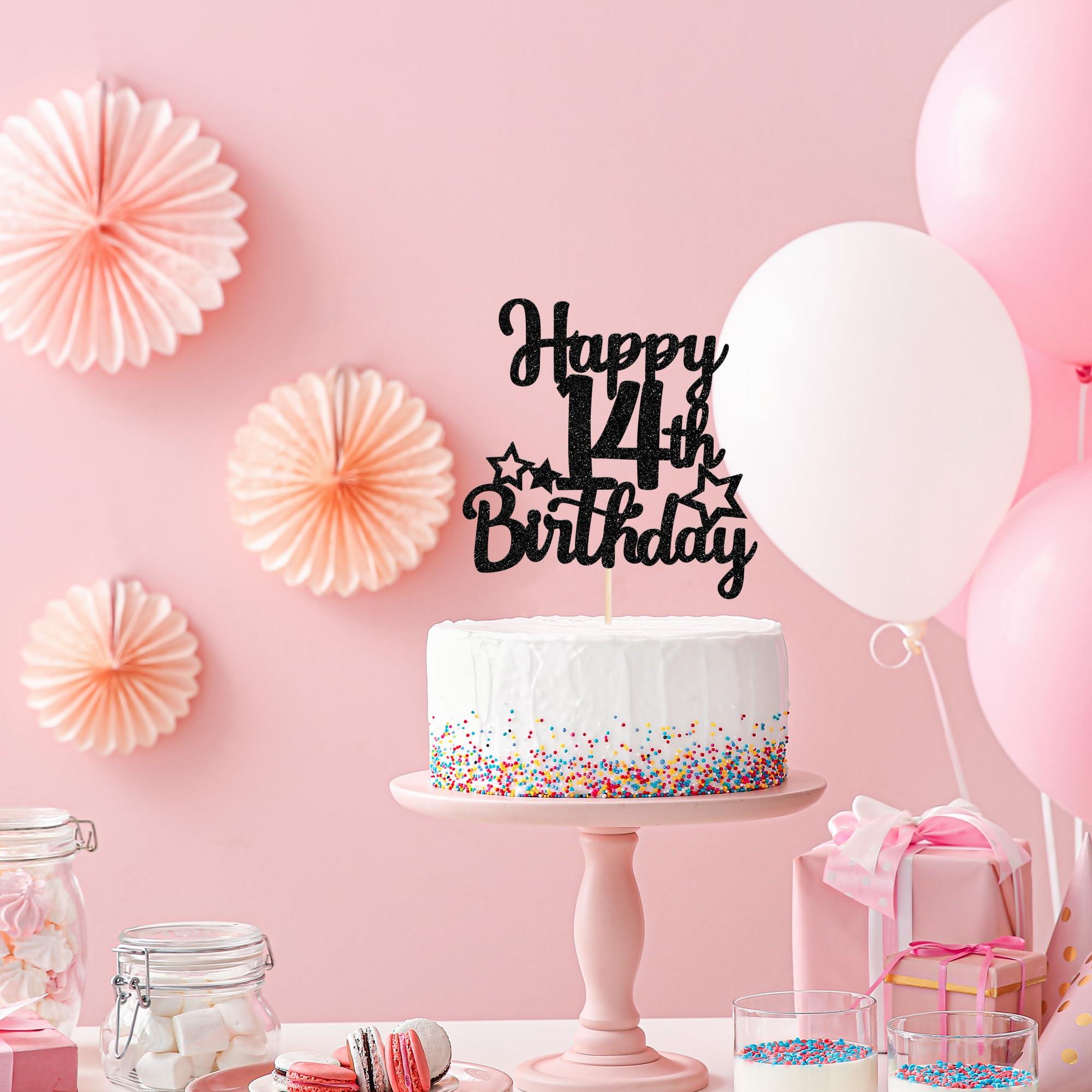 YCTHUNFISH 1 Pack Happy 14th Birthday Cake Topper Glitter Star 14 Fabulous Cake Pick Sweet 14th Cake Decorations for Children 14th Birthday Theme Party Supplies Black