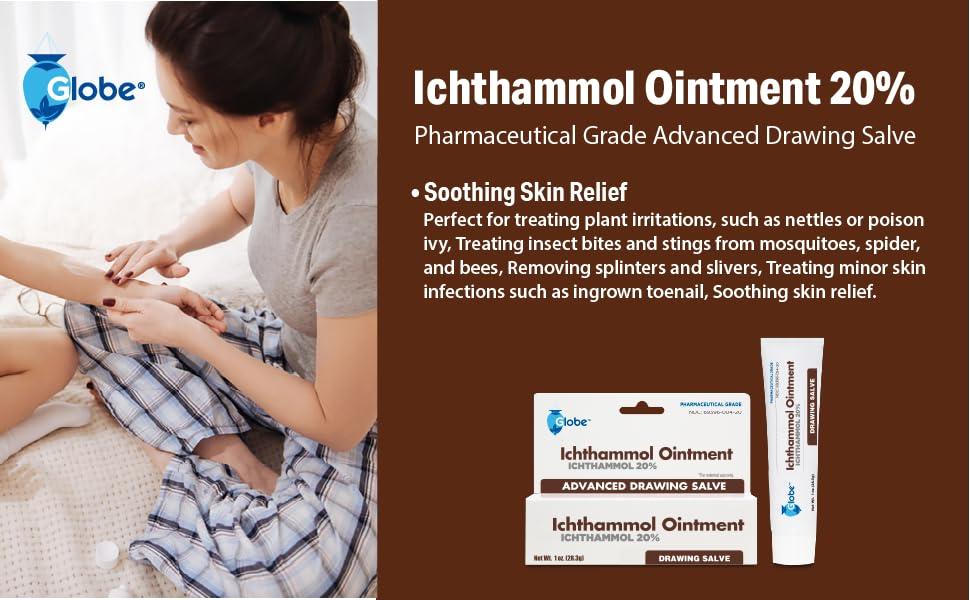 Globe Globe Ichthammol Ointment 20% (Drawing Salve) 1 OZ - Soothing Skin Relief, Treatment of Eczema, Acne, Boils, Splinters, Bee Stings - Maximum Strength