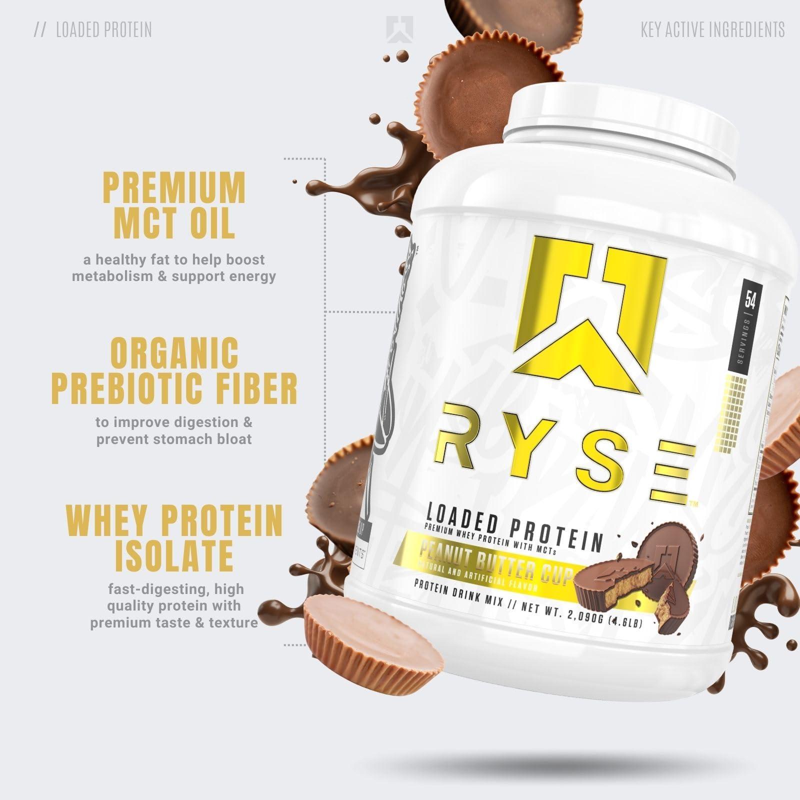 RYSE Up Supplements Ryse Loaded Protein Powder | 25g Whey Protein Isolate & Concentrate | with Prebiotic Fiber & MCTs | Low Carbs & Low Sugar | 54 Servings (Peanut Butter Cup)