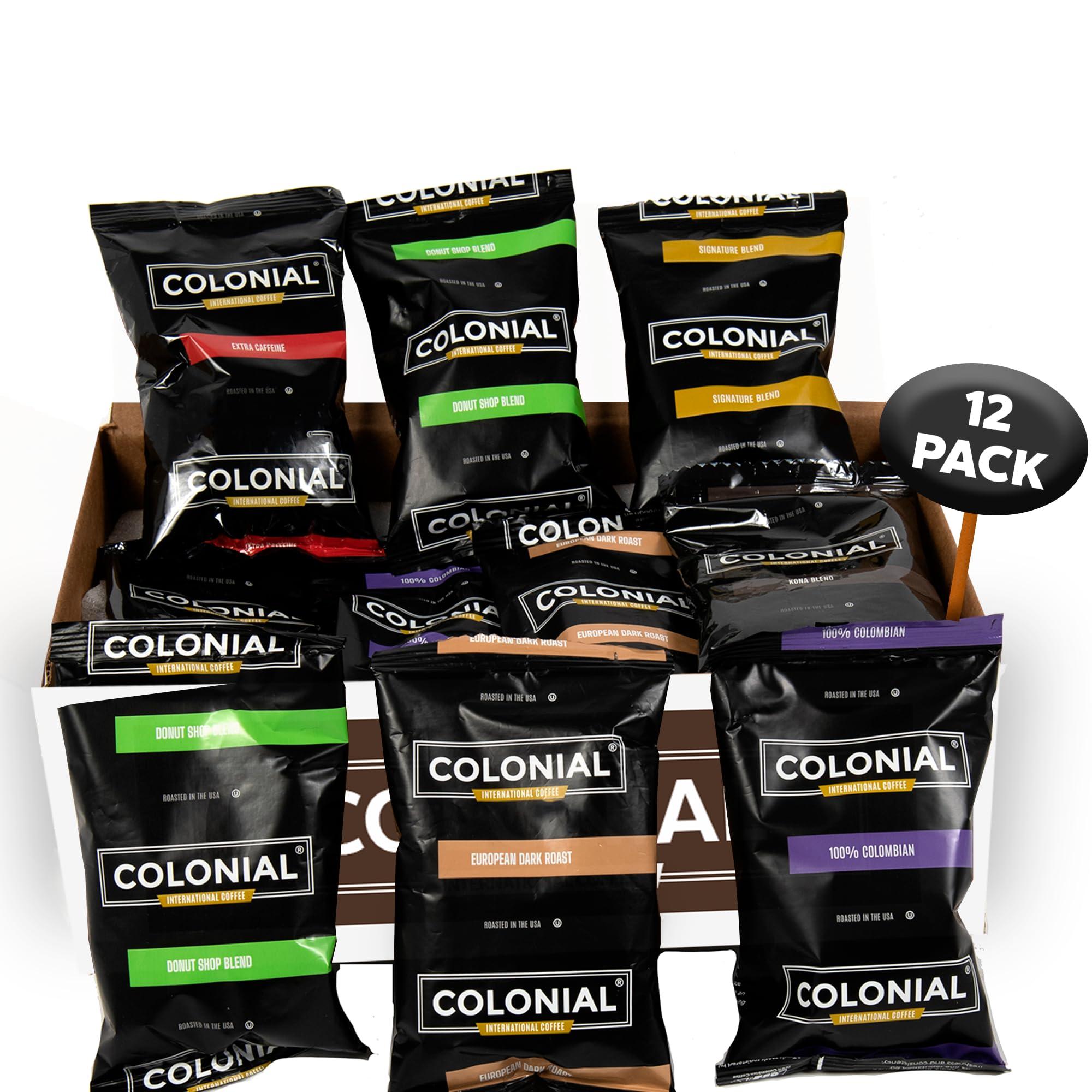 COLONIAL INTERNATIONAL COFFEE Colonial Coffee Packets, Pre Ground Coffee Packs, Assorted Variety Pack, Medium & Dark Roast Blends, Bulk Single Pot Bags for Drip Coffee Makers, (2.5 oz Bags, Pack of 12)