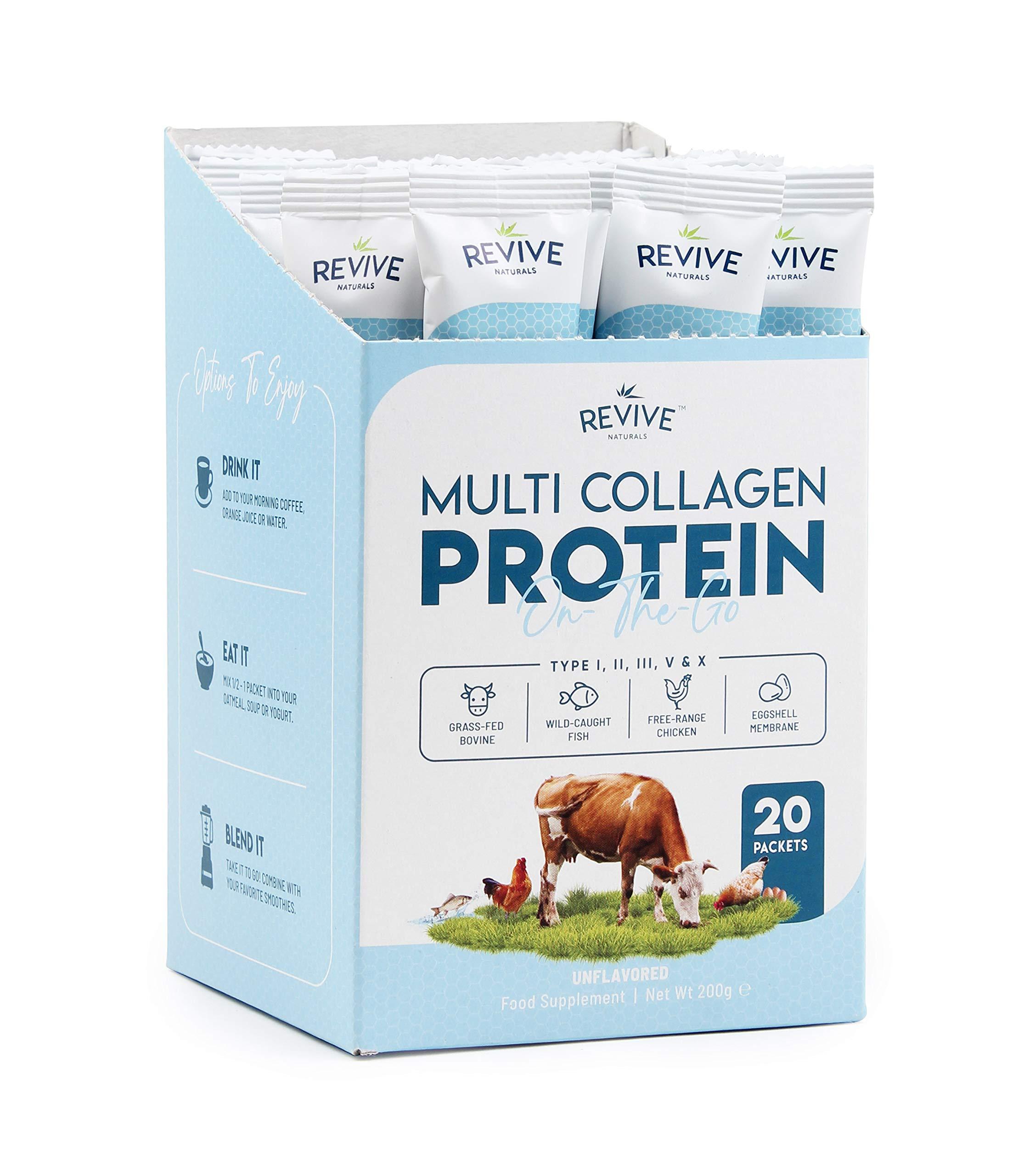 Revive Naturals Multi Collagen Protein Powder Packets - Types I, II, III, V & X - Hydrolyzed Grass Fed Bovine, Wild Caught Fish, & Free-Range Chicken & Eggshell Collagen. Non-GMO, Halal, (10g Each, 20 Packets)
