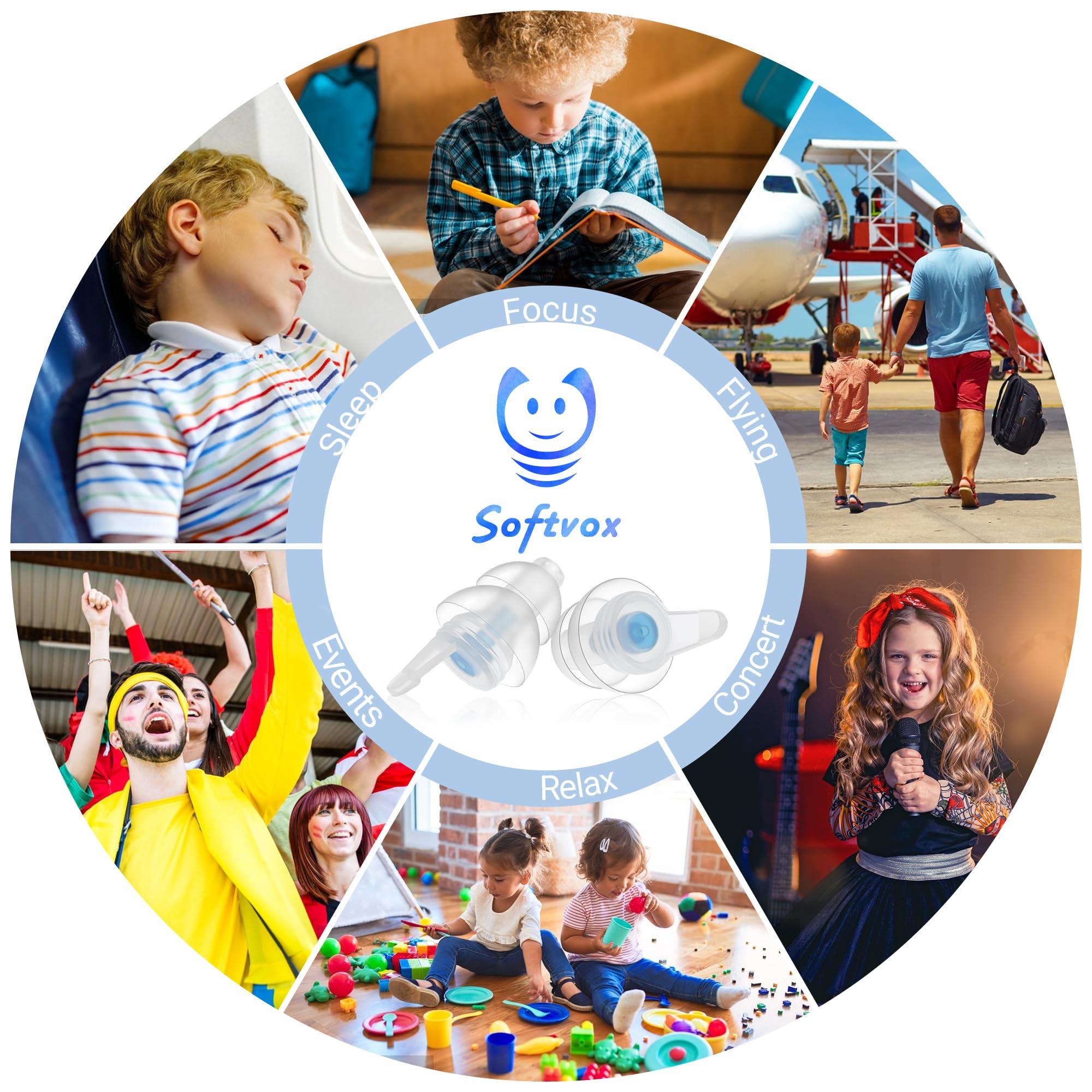 softvox Kids Earplugs (6-12 yrs) Filtered Ear Plugs for Children Adults with Small Ear Canals, 25dB Hearing Protection for Flying, Concerts, Sports Events, Fireworks, Monster Jam, Sleep, Noise Sensitivity