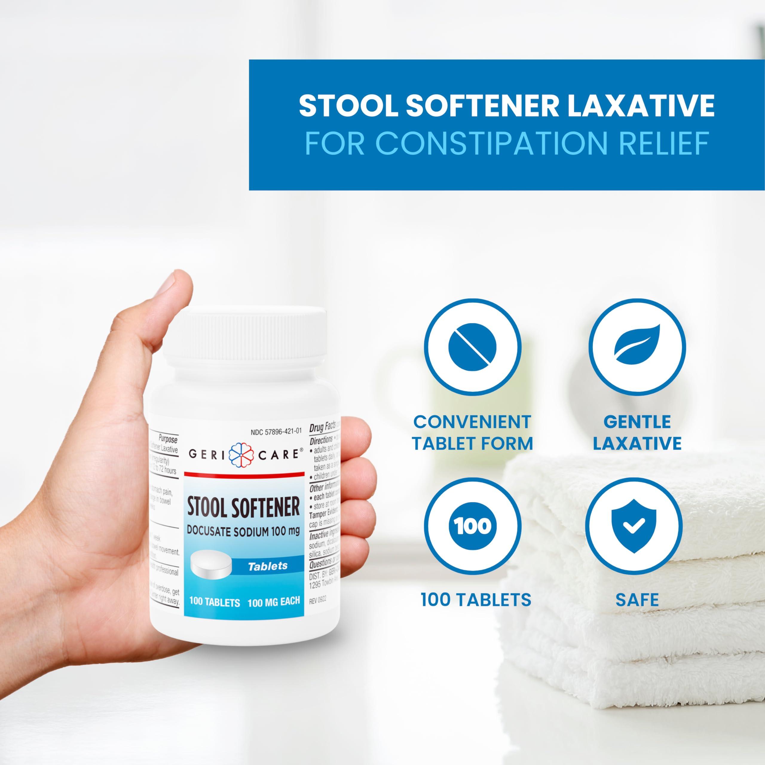 GeriCare GeriCare Docusate Sodium Stool Softeners, Best Stool Softener for Daily use for Women, Men, and Elderly - Ideal for Constipation Relief 100mg Crushable Tablets. (100 Count) Made in The USA.