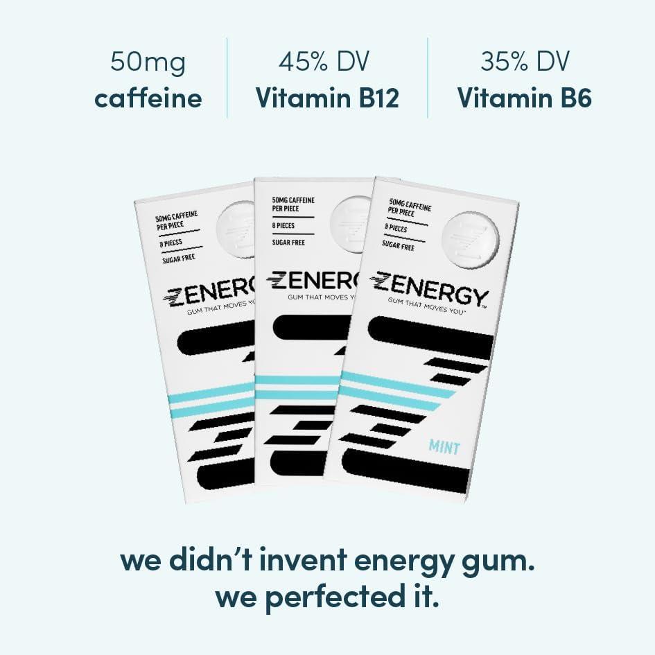 ZENERGY ZENERGY Energy Gum - Mint Flavor | 50mg Caffeine + 35% B6 and 45% B12 Vitamin | Vegan, 0 Sugar, 0 Calories, 0 Gluten, 0 Aspartame, Non-GMO, Instant Action | 3 Pack = 24 Count