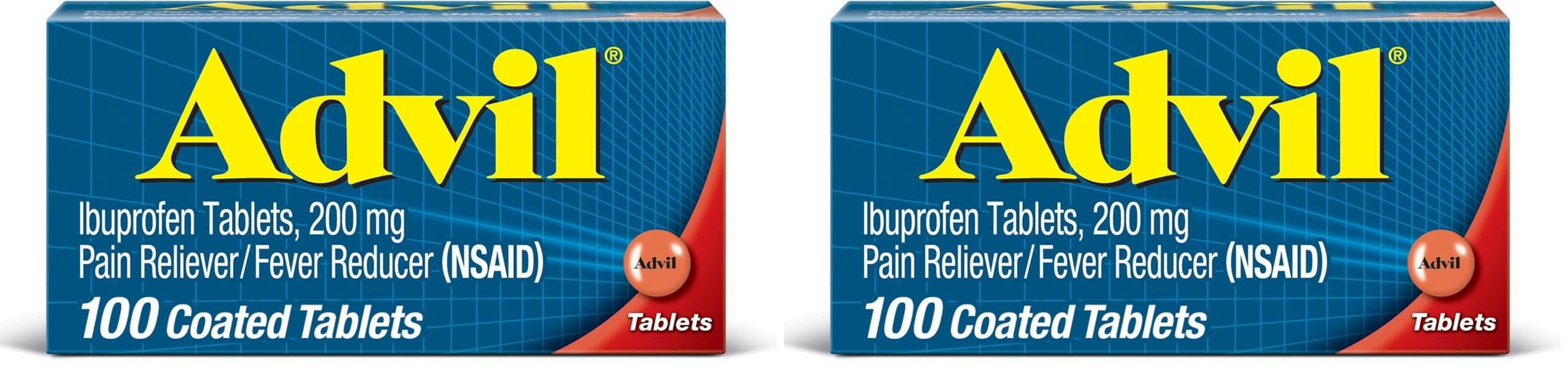 Advil Advil Pain Reliever and Fever Reducer, Pain Relief Medicine with Ibuprofen 200mg for Headache, Backache, Menstrual Pain and Joint Pain Relief - 100 Coated Tablets (Pack of 2)