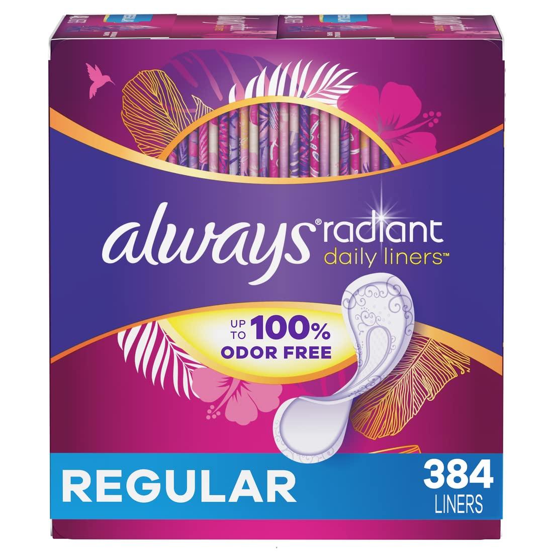 Always Always Radiant Liners, Unscented, 96 Count,Pack of 4 (Total 384 Count) (Packaging May Vary)