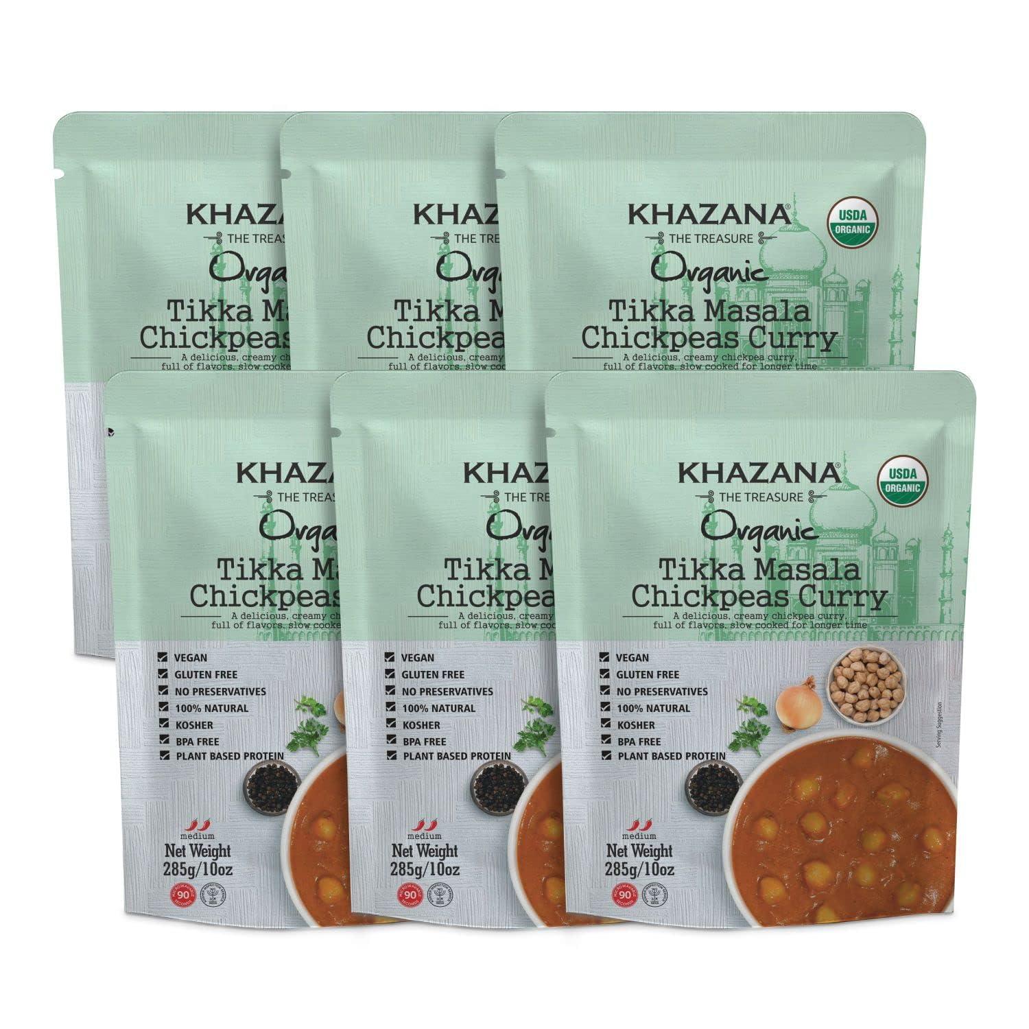 Khazana Khazana Organic Ready to Eat Meals - Tikka Masala Chickpeas Curry (Pack of 6, 10oz Pouches) - Non-GMO, Vegan, Gluten Free & Kosher - Authentic Indian Cuisine in 90 Seconds!