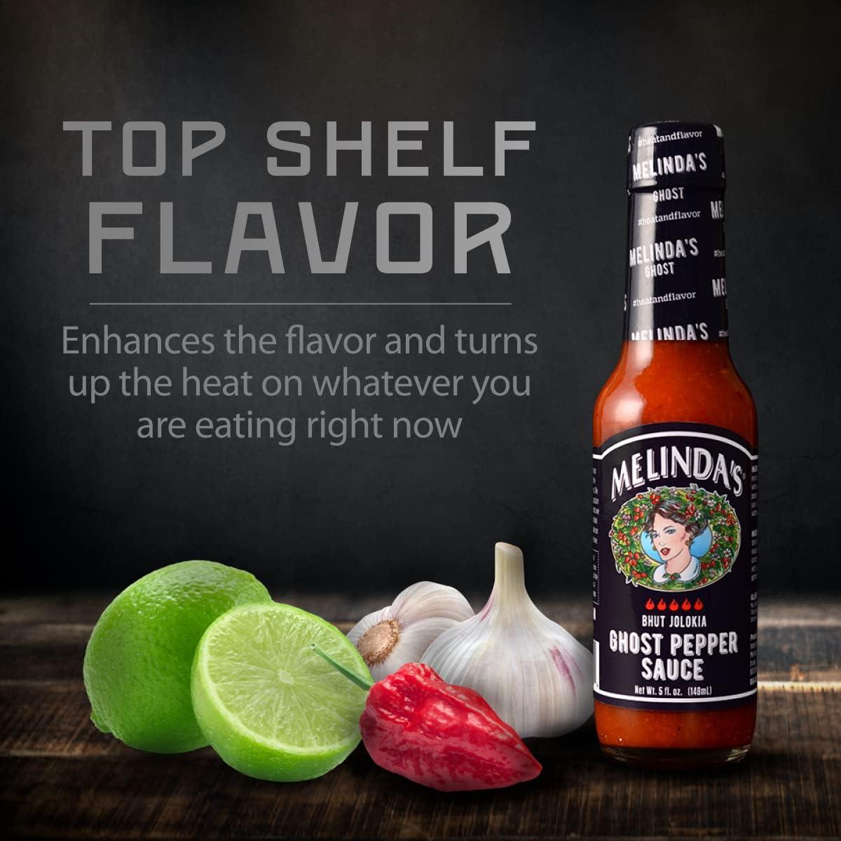 Melinda's Melinda’s Ghost Pepper Hot Sauce - Gourmet Extra Spicy Hot Sauce - Made with Fresh Ingredients, Ghost Peppers (Bhut Jolokia), Habanero Pepper, Carrot, Garlic, Lime Juice - 5oz, 4 Pack