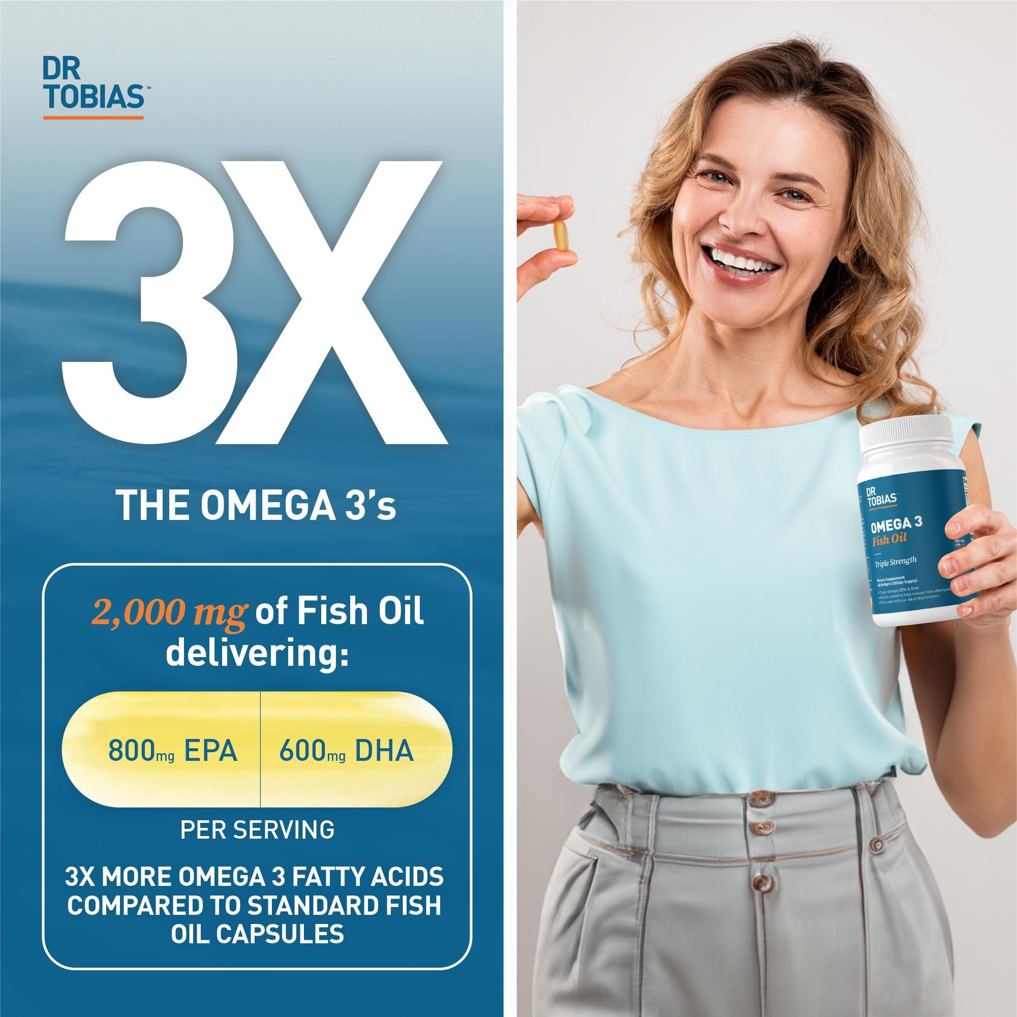 Dr. Tobias Dr. Tobias Omega 3 Fish Oil, 2000mg Triple Strength with 800mg EPA 600mg DHA Per Serving, Fish Oil Omega 3 Supplements for Heart, Brain & Immune Support, 60 Softgels, 30 Servings