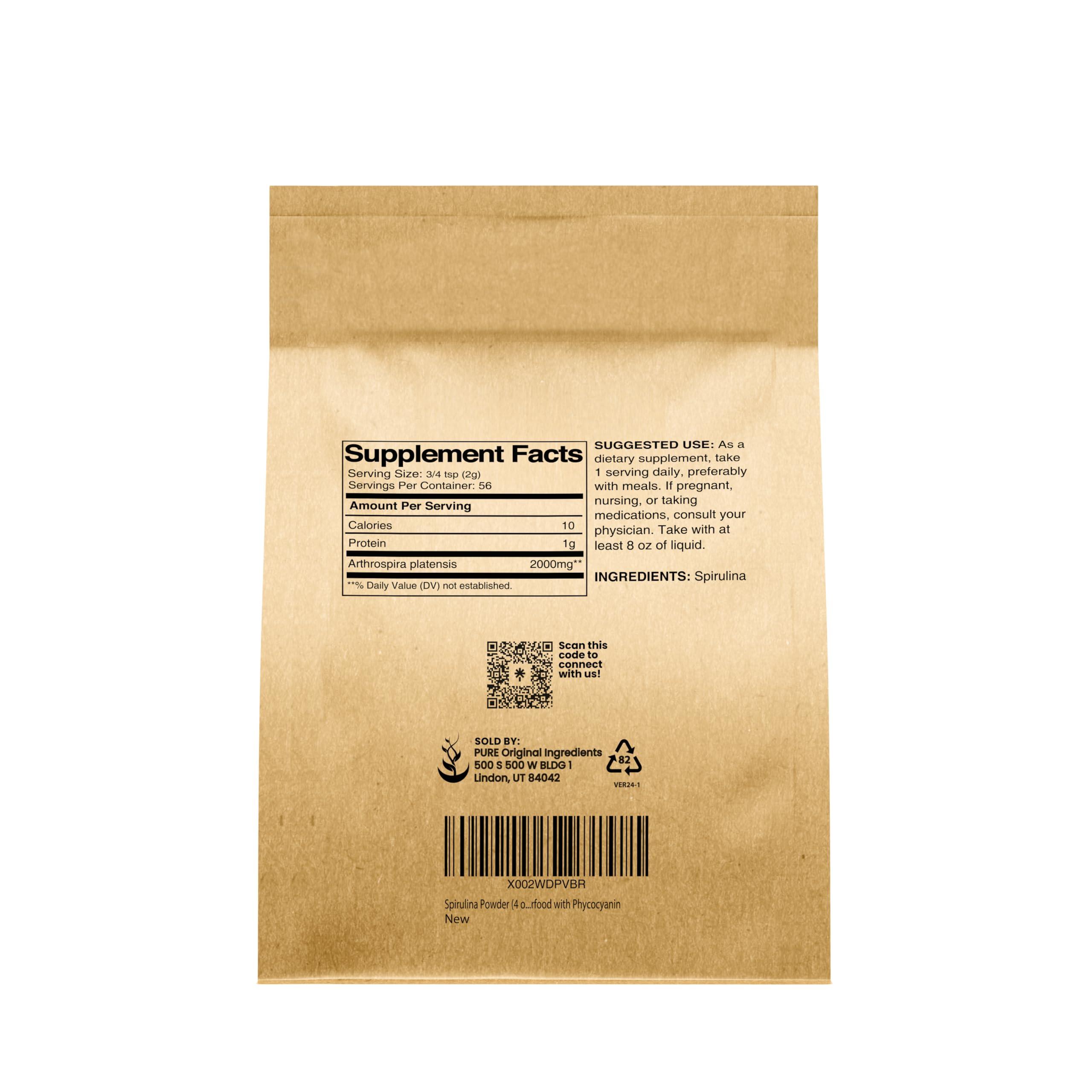 PURE ORIGINAL INGREDIENTS PURE ORIGINAL INGREDIENTS Spirulina Powder (4 oz) Green Algae Superfood with Phycocyanin