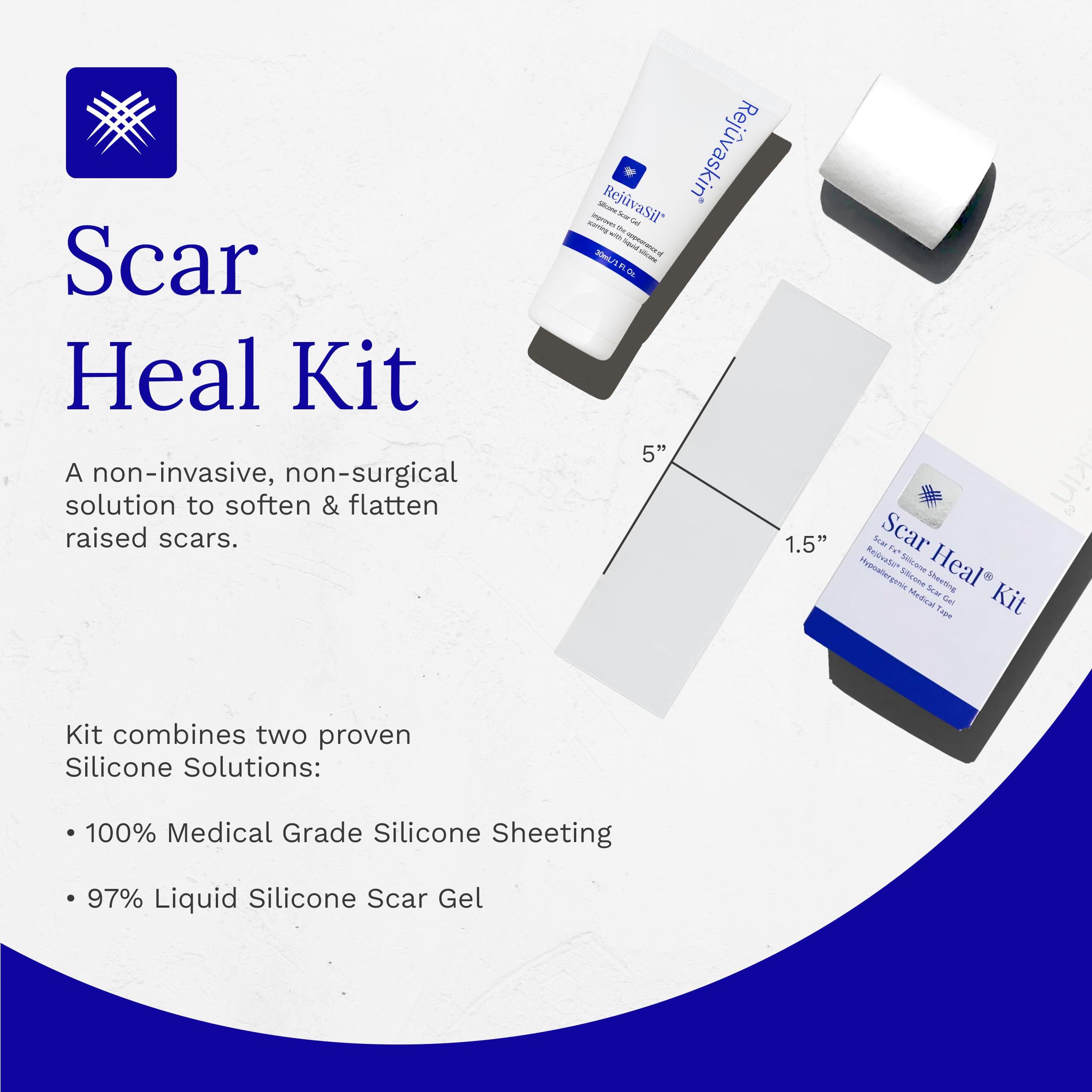 Rejuvaskin Rejuvaskin Scar Heal Kit for Small to Medium Scars, Soften, Flatten, Reduce and Recover, Silicone Sheeting, RejuvaSil Gel & Medical Tape, 1.5\" x 5\"
