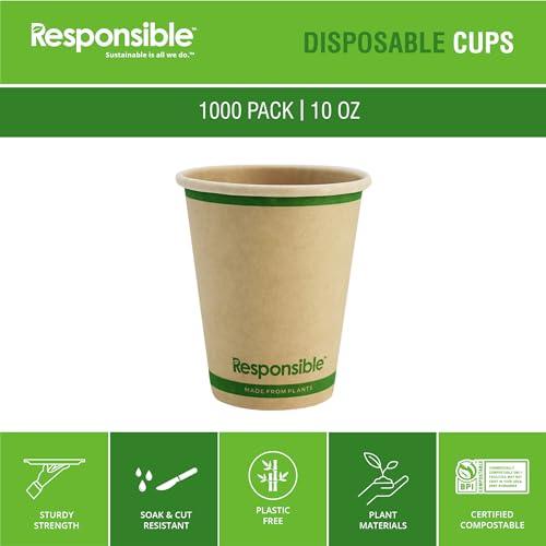 Responsible Products Responsible Products 10 oz Paper Hot Cups, Tree-Less Compostable Paper Coffee Cups, Extra Strength, Tree-Free and Made Without PFAS, Natural Brown (1000 Count)